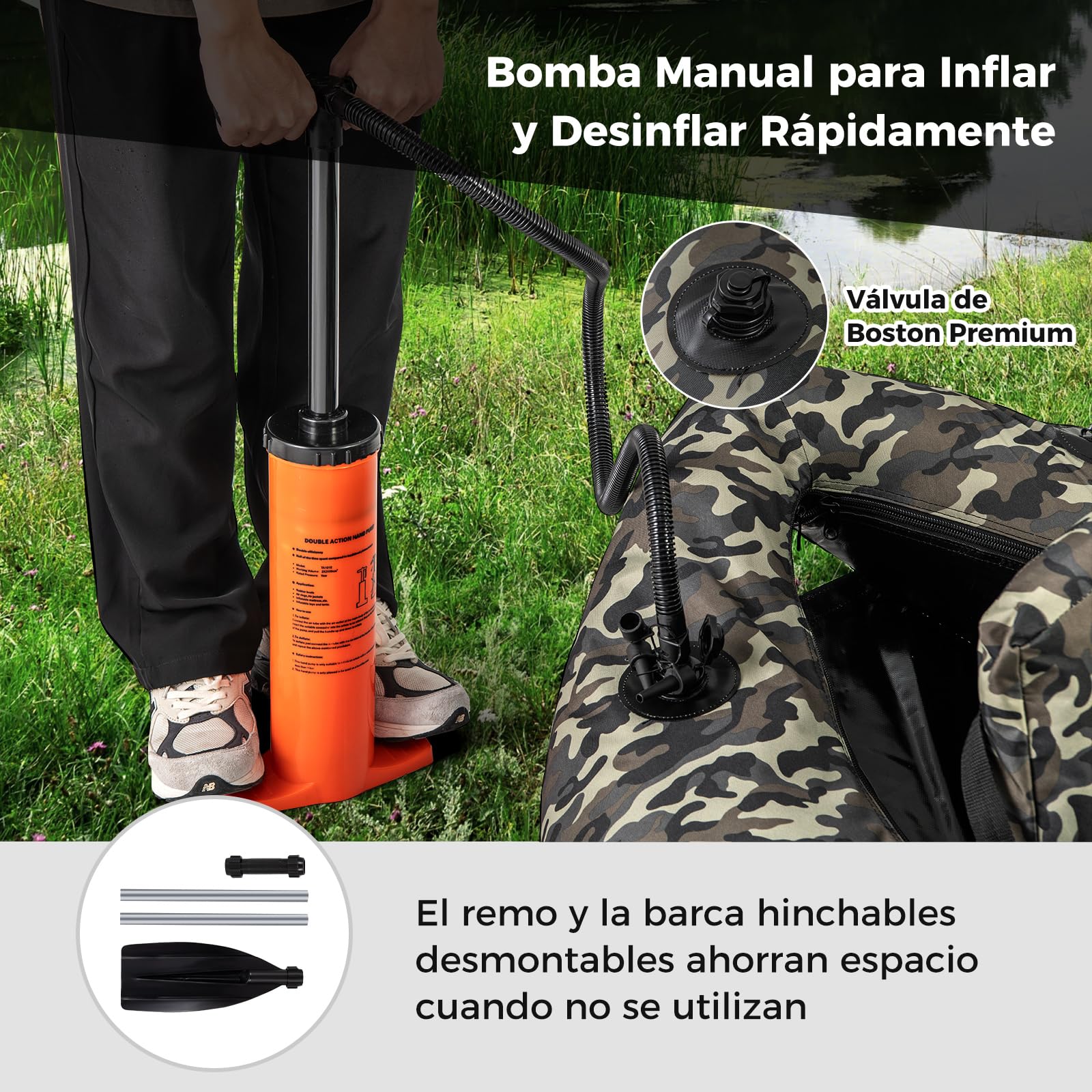 COSTWAY Barco de Pesca Inflable, Kayak Hinchable con 2 Aletas, Bomba Manual, Regla para Peces, Soporte para Caña, Bolsillos, Respaldo Ajustable y Correas, Bote Portátil para Adultos, Camuflaje