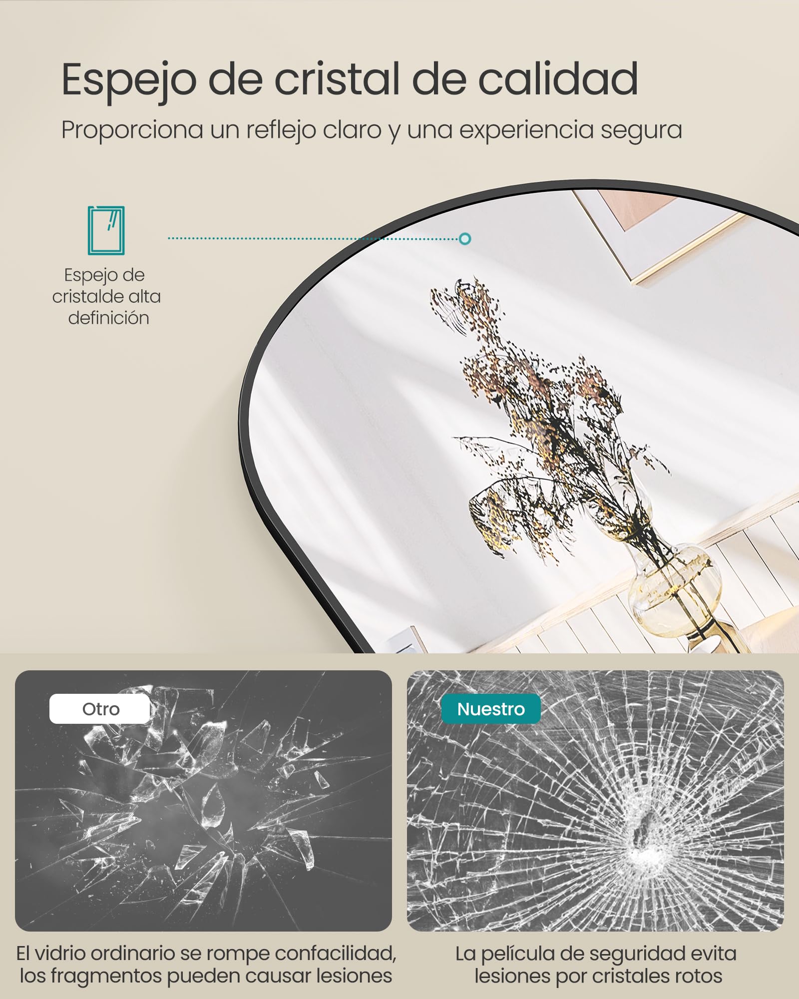 SONGMICS Espejo de Cuerpo Entero, 160 x 50 cm, Espejo Arqueado con Soporte, con Marco de Aleación de Aluminio, Cristal Templado, para Dormitorio, Salón, Vestuario, Navidad, Negro Tinta LFM031B01