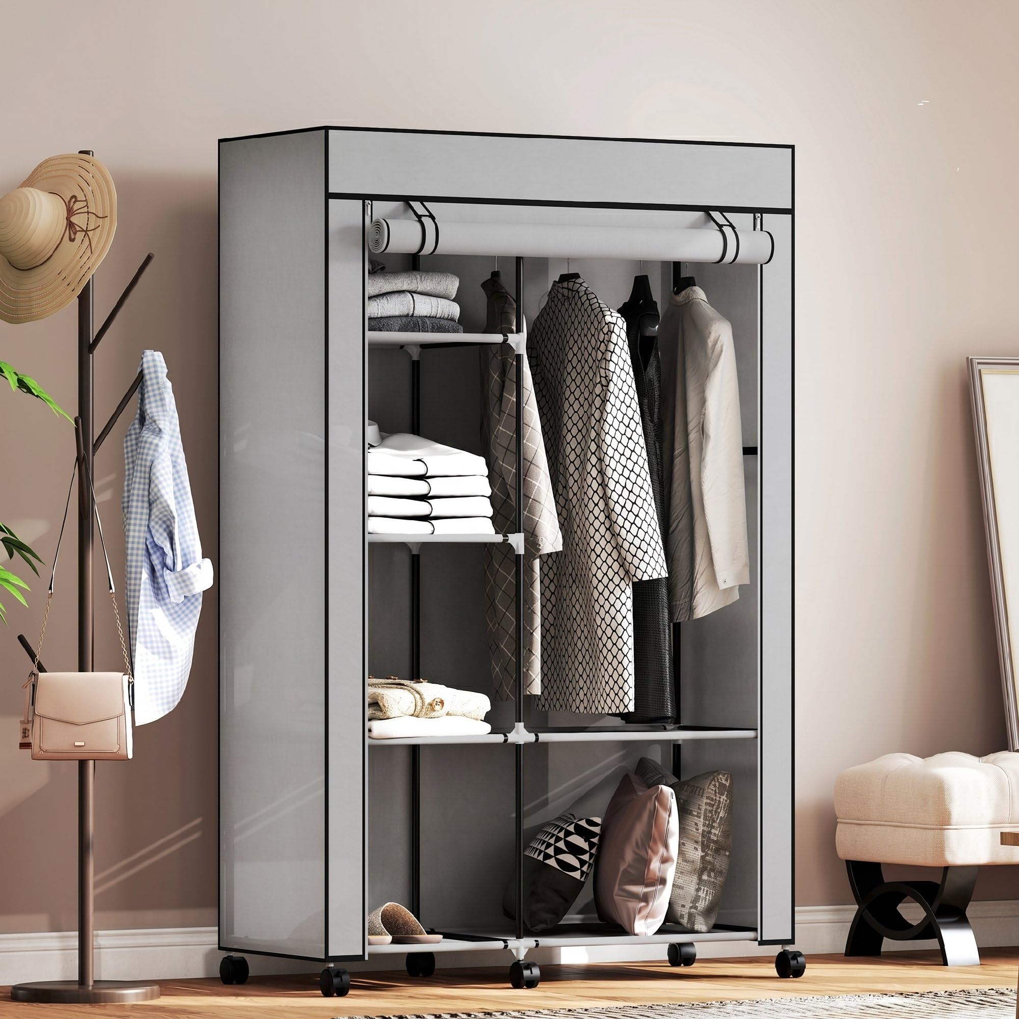 HOMCOM Armadio Portatile con 6 Ripiani Aperti 103x43x162.5 cm Grigio Chiaro | Tessuto non Tessuto, Acciaio e PP, Armadio Guardaroba Salvaspazio, 1 Appendino, Porta a Cerniera