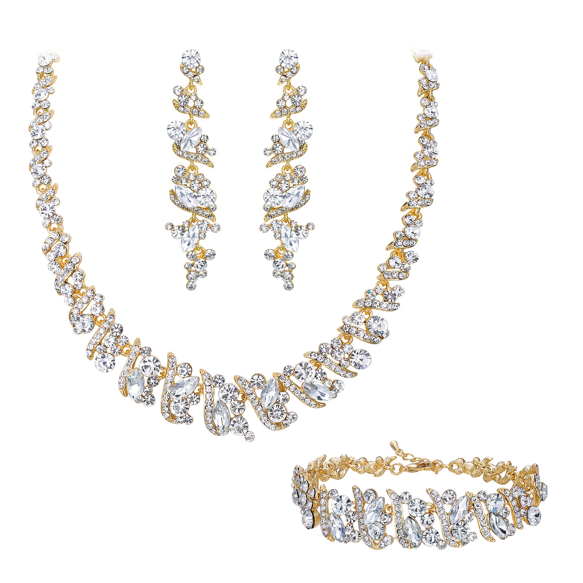 Clearine Juego de joyas llamativas para mujer boda nupcial cristal racimo collar gargantilla pendientes colgantes y juego de pulseras tono plateado claro