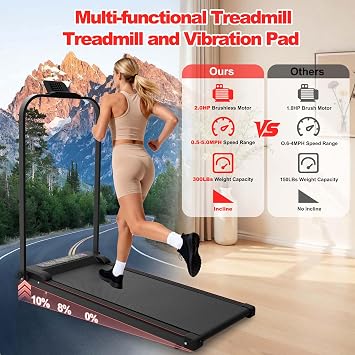 Walking Pad Treadmill with 10% Incline and Handle Bar, 4 in 1 Foldable Under Desk Treadmill with Vibration Pad for Home/Office, 2.0HP Small Portable Compact Treadmills for 300LBS, LED Display