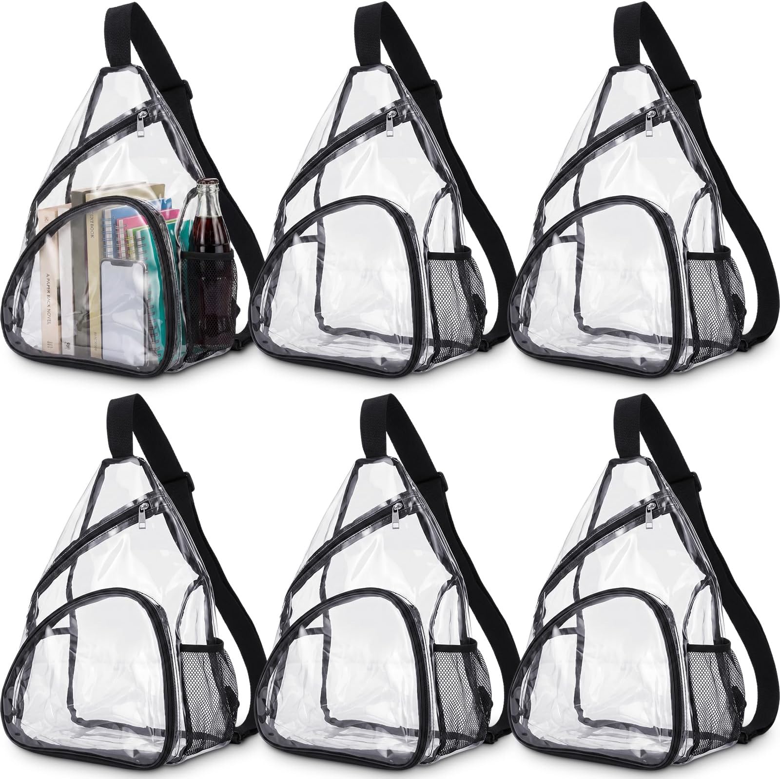 6 Piece Transparent Sling Bag Transparent Backpack Stadium Approved Plastic Clear Shoulder Crossbody Backpack with Water Holders for Sports Event Concert Travel Stadium