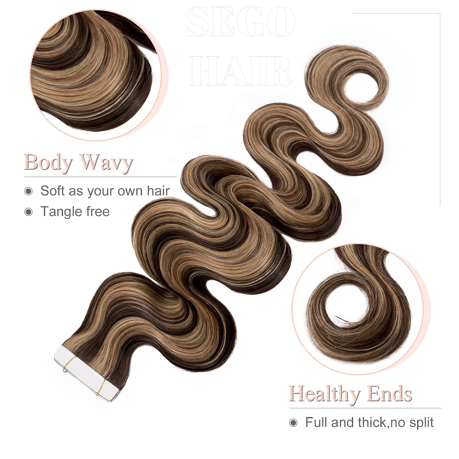 SEGO Wavy Tape In Hair Extensions Human Hair 20pcs 50g 16 Inch Medium Browmn Highlighted Balayage Remy Body Wave Human Hair Tape In Extensions for Women -#P4/27 Medium Brown& Dark Blonde