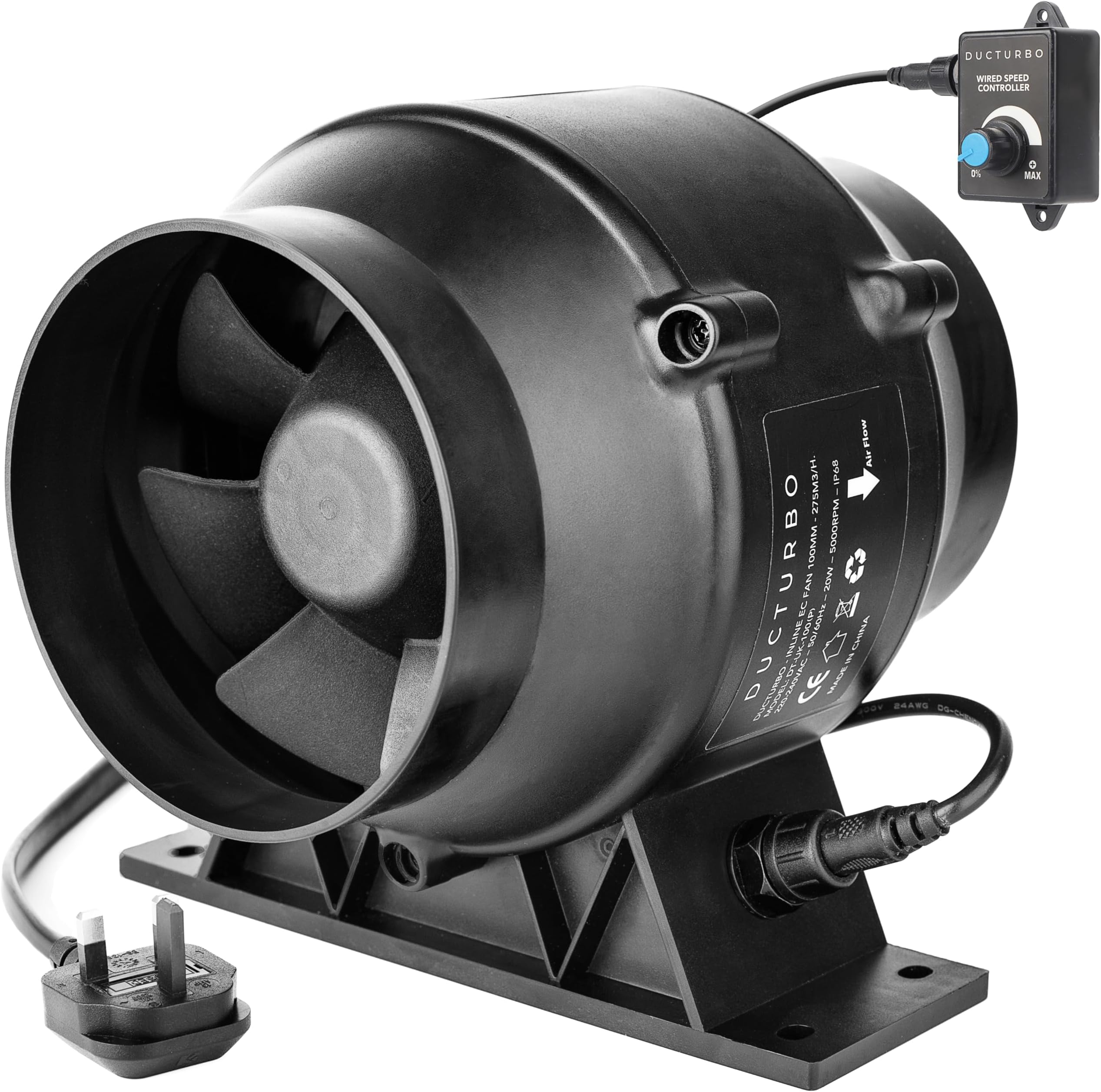 4 Inch Inline Duct Fans Plastic Housing, 160 CFM Ventilation Exhaust Fan Ideal for Indoor Heating Cooling Transfer Or Grow Tents Air Boosting, With Variable Speed Controller