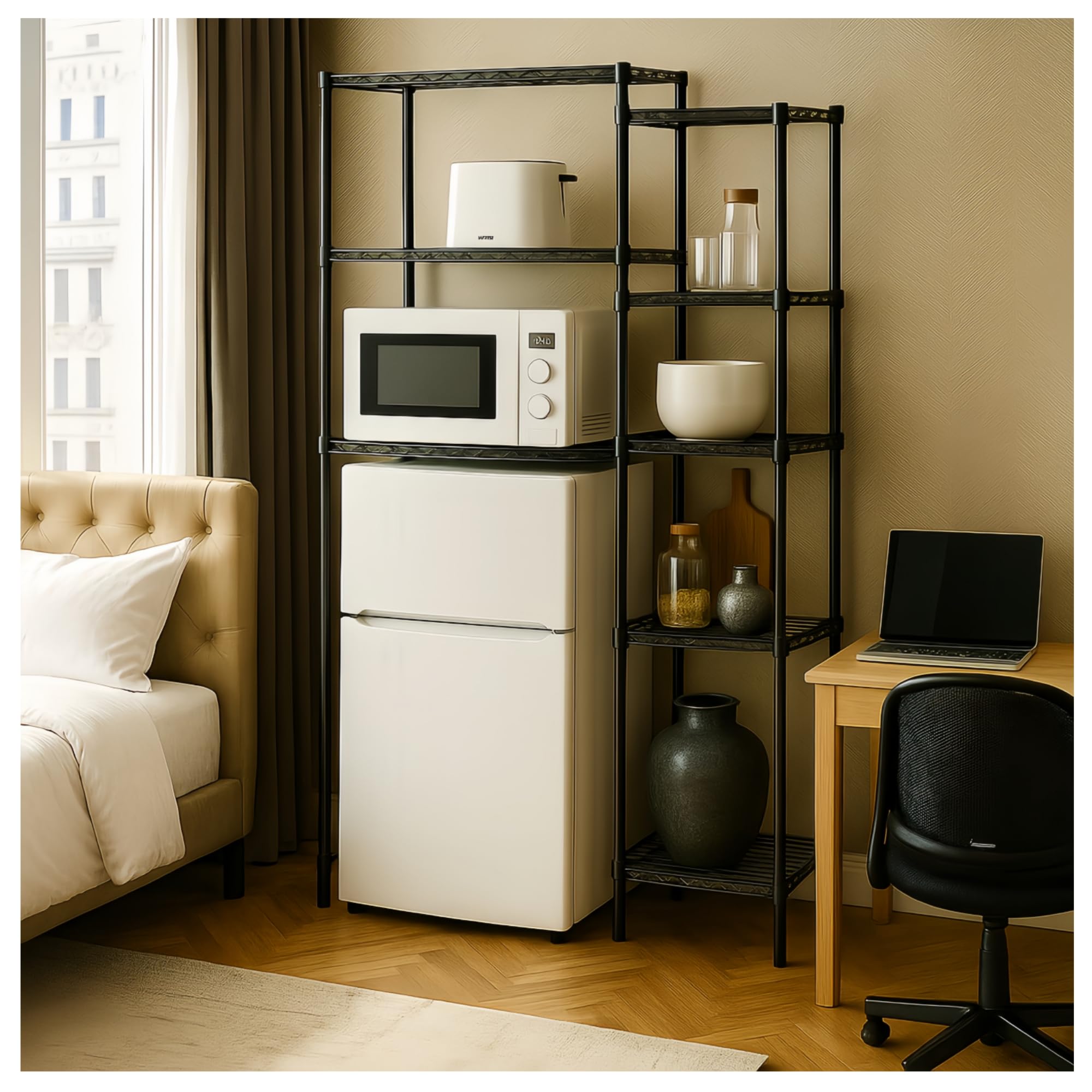 Photo 1 of **PARTS ONLY** Dorm Mini Fridge stand with storage, Above mini Fridge Shelf,Small Refrigerator and Microwave Stand, Multi-Functional Storage Rack, Suitable for Kitchens, College Dorm(black, 23.7"L x17.7"W x 59.1"H)