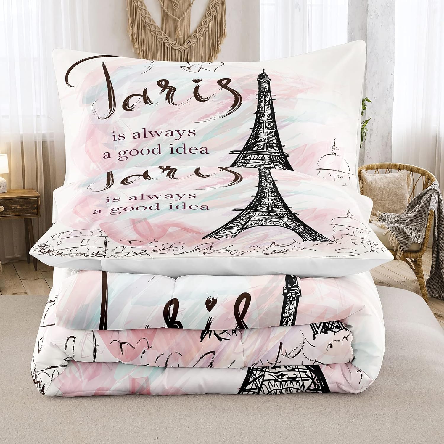 Bodhi Full Size Paris Comforter Set,Girls Pink Bedding Set,Cartoon Eiffel Tower Comforter Set Matching Pillowcase,Pink Girls Bed Set Full Size,Eiffel Tower Bedding Set