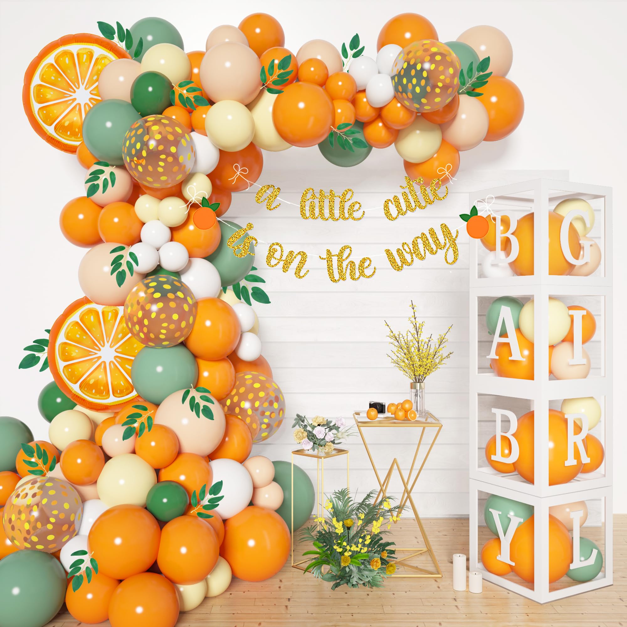 Photo 1 of 138pcs Little Cutie Baby Shower Balloon Boxes Decorations, Baby Block with Letters Orange Balloon Garland Kit A Little Cutie is On The Way Banner Willow Leaves for Fruit 1st Birthday Party Decorations
