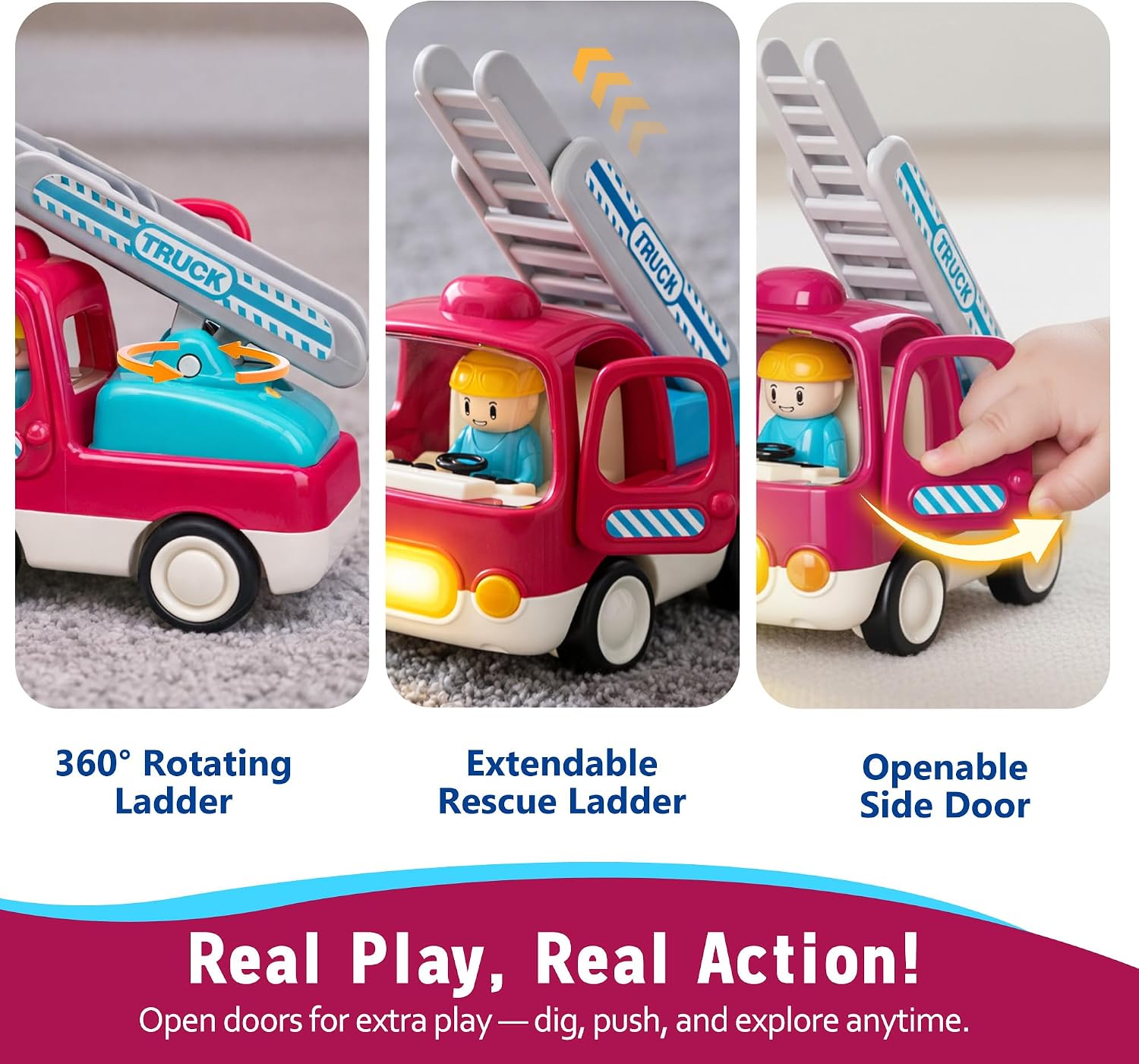 Baby Boy Construction Toys for 6-12 Months, Toddler Learning Toy Cars, Push and Go Friction Powered Fire Trucks with Light and Music, First Birthday Gifts for Boys