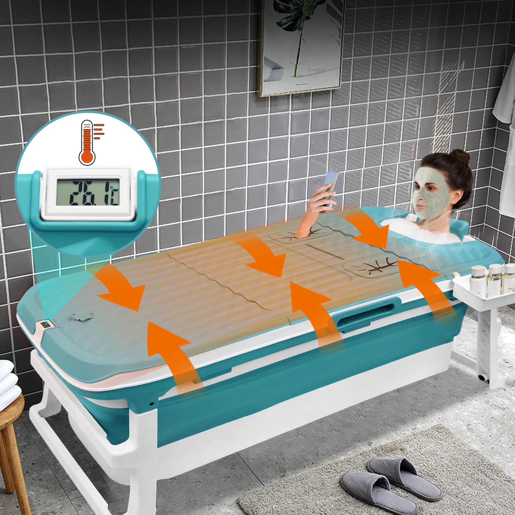 LARS360 Badewanne Erwachsene Faltbare 149 x 64 x 54 cm Klappbare Mobile Badewanne mit abnehmbare Abdeckung, Thermometer, Massagerollen Lagerregal, Kissen, Blau