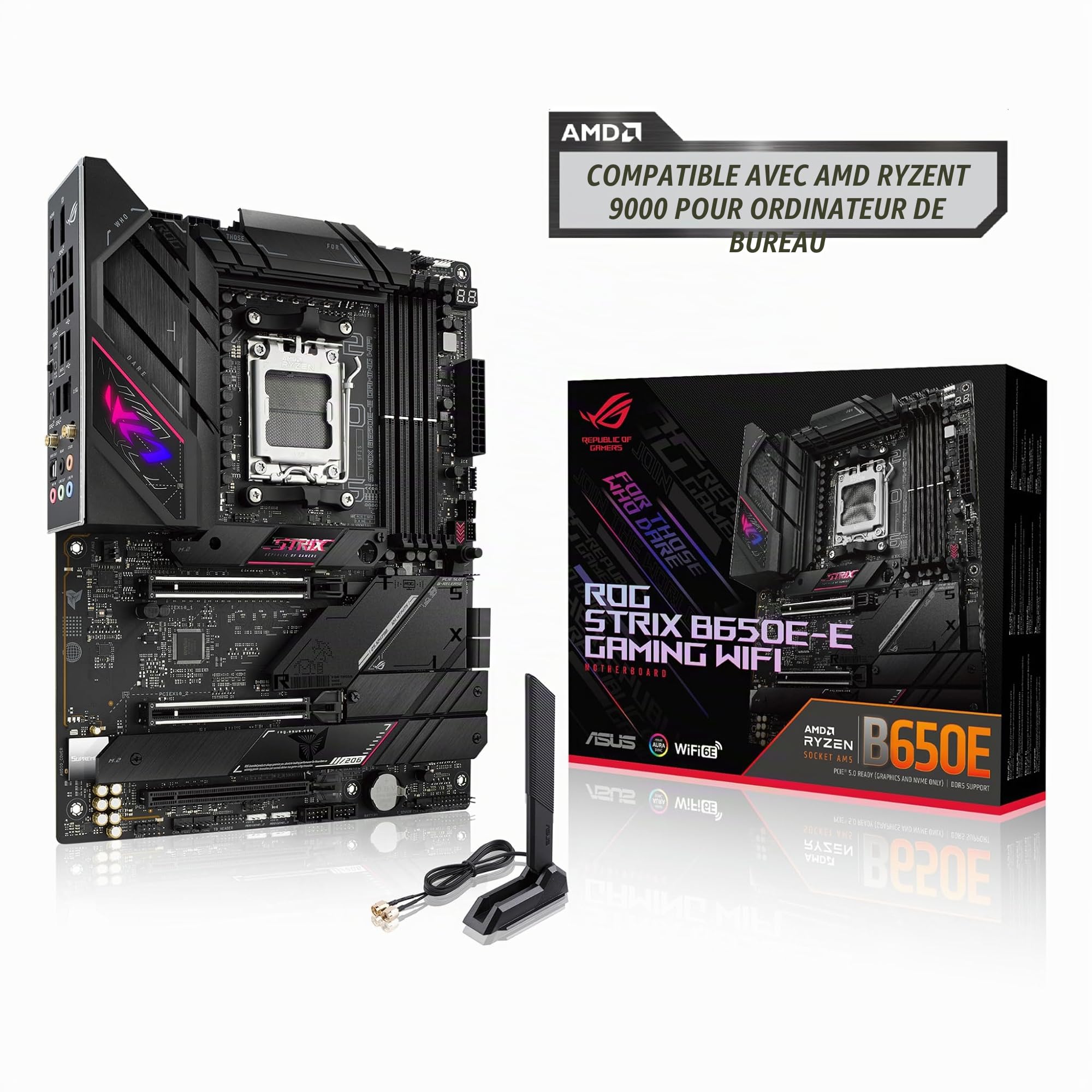 ASUS ROG STRIX B650E-E GAMING WIFI – Carte mère gaming AMD Ryzen AM5 ATX (16+2 phases d'alimentation, DDR5, 4 x M.2, PCIe 5.0, WiFi 6E, 2.5G LAN, USB 3.2 Gen 2x2 Type-C rear I/O port, Aura Sync RGB)