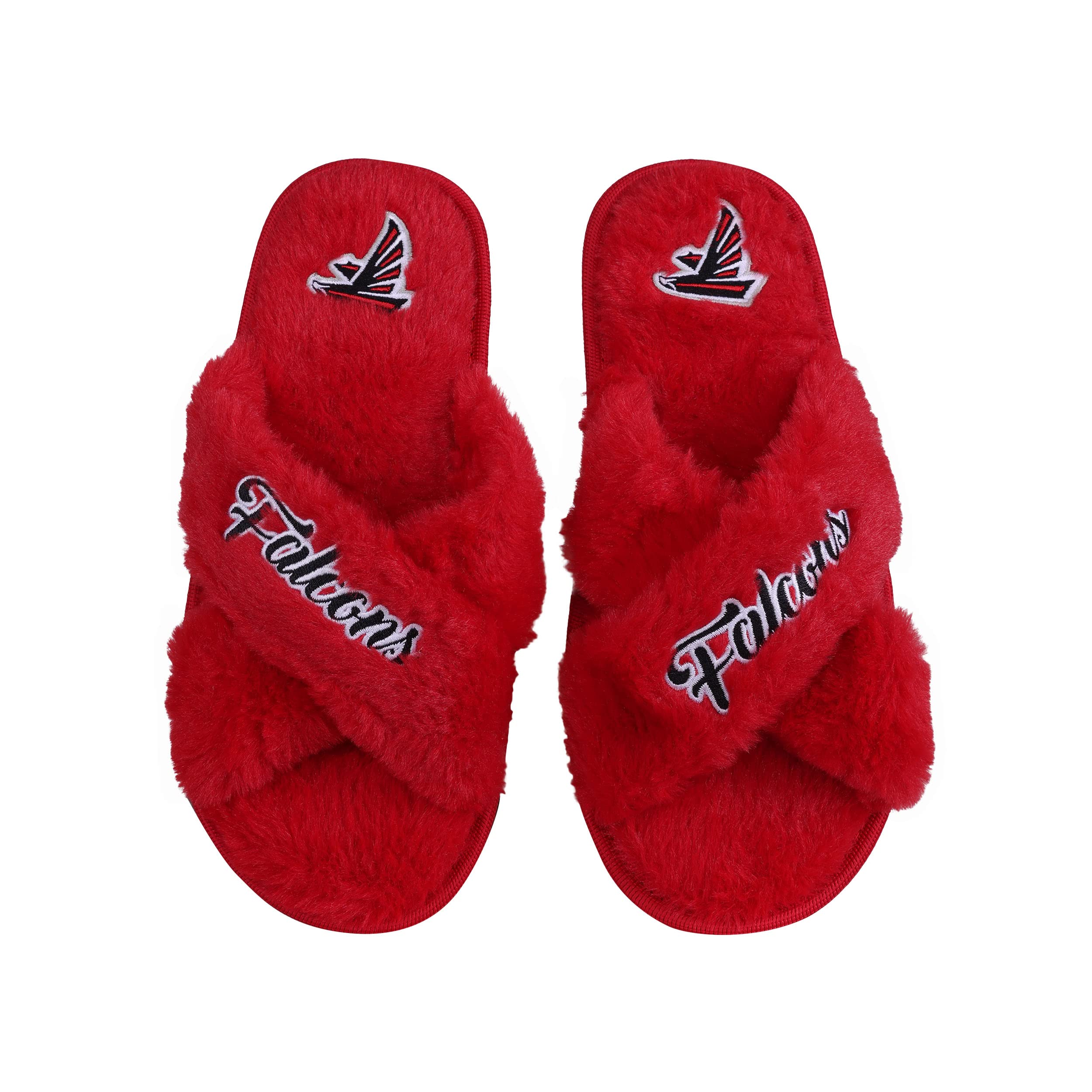 FOCO Womens NFL Team Script Wordmark Fuzzy Cross Slide Slippers