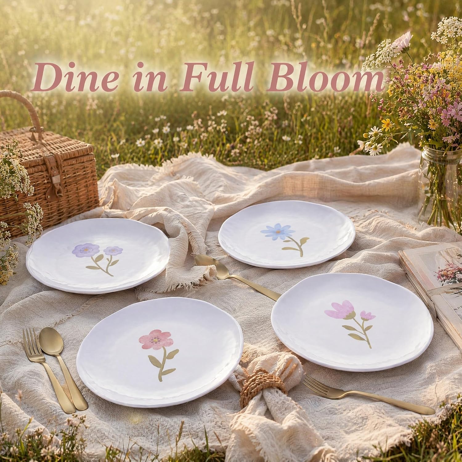 8.5in White Melamine Plates - 4pcs Floral Salad Plate Dessert Dishes