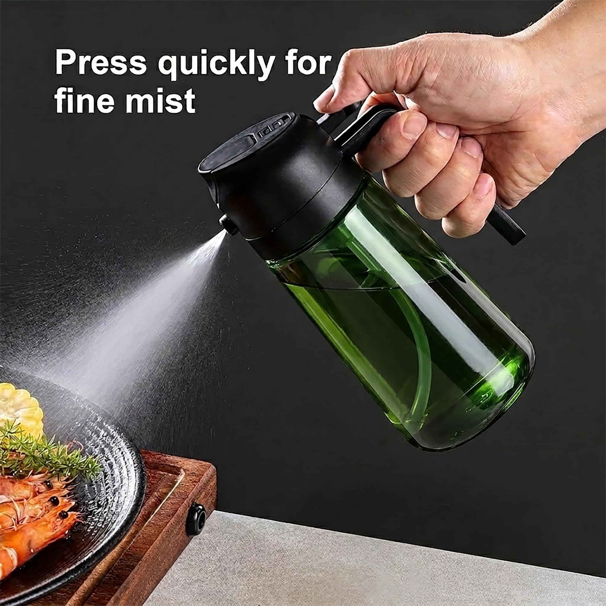 2-in-1-Ölsprüher und -spender zum Kochen, 2 x 473 ml, olivgrünes Glas, um frisches Öl zu konservieren, geeignet für Luftfritteuse, Braten, Grillen, Grillen und Salat (Olivgrün, Schwarz, Grün)