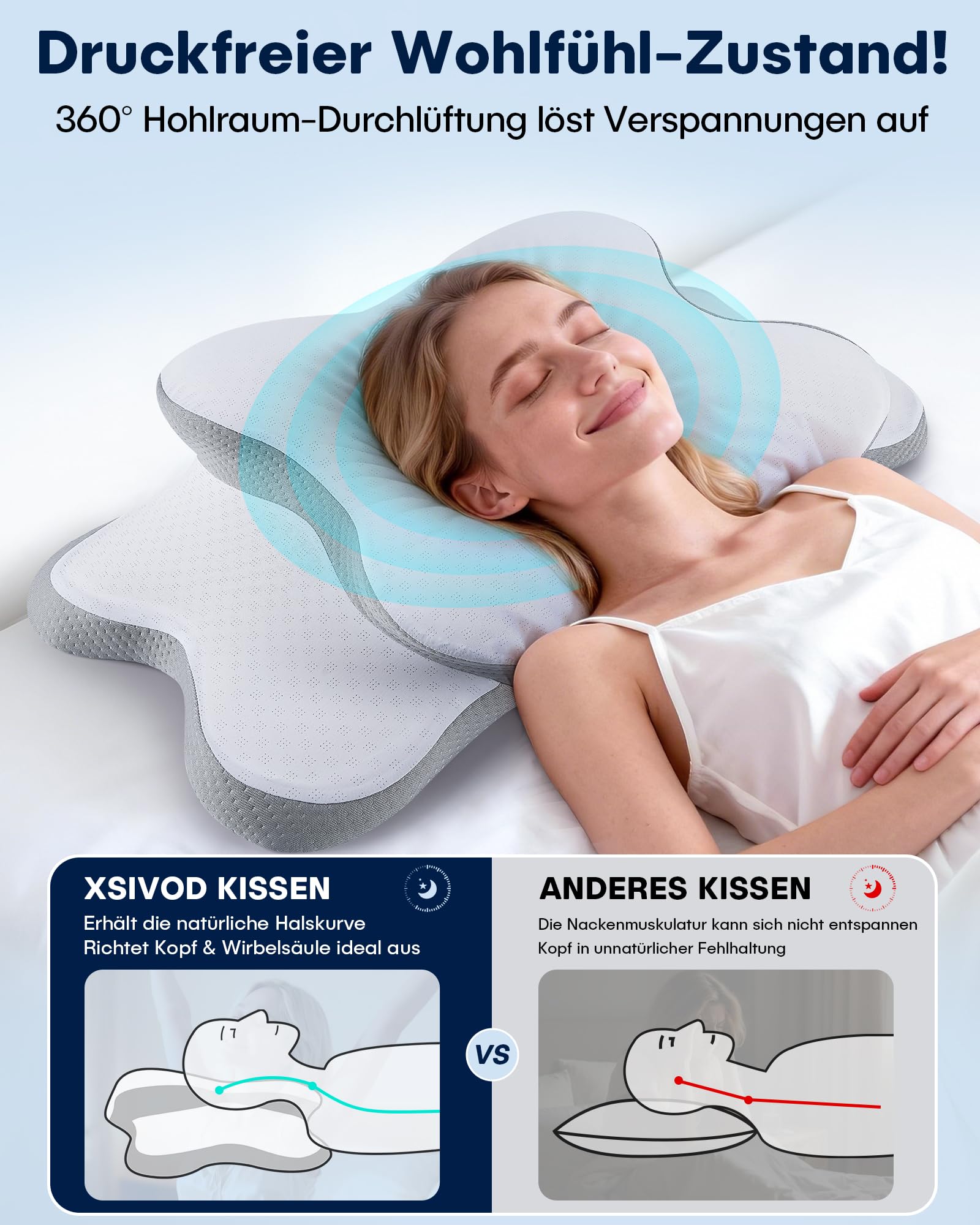 XSIVOD Almohada cervical ortopédica – Almohada ergonómica de espuma viscoelástica con efecto de enfriamiento, almohada cervical para dolor, almohada antironquidos para los lados, espalda y boca abajo