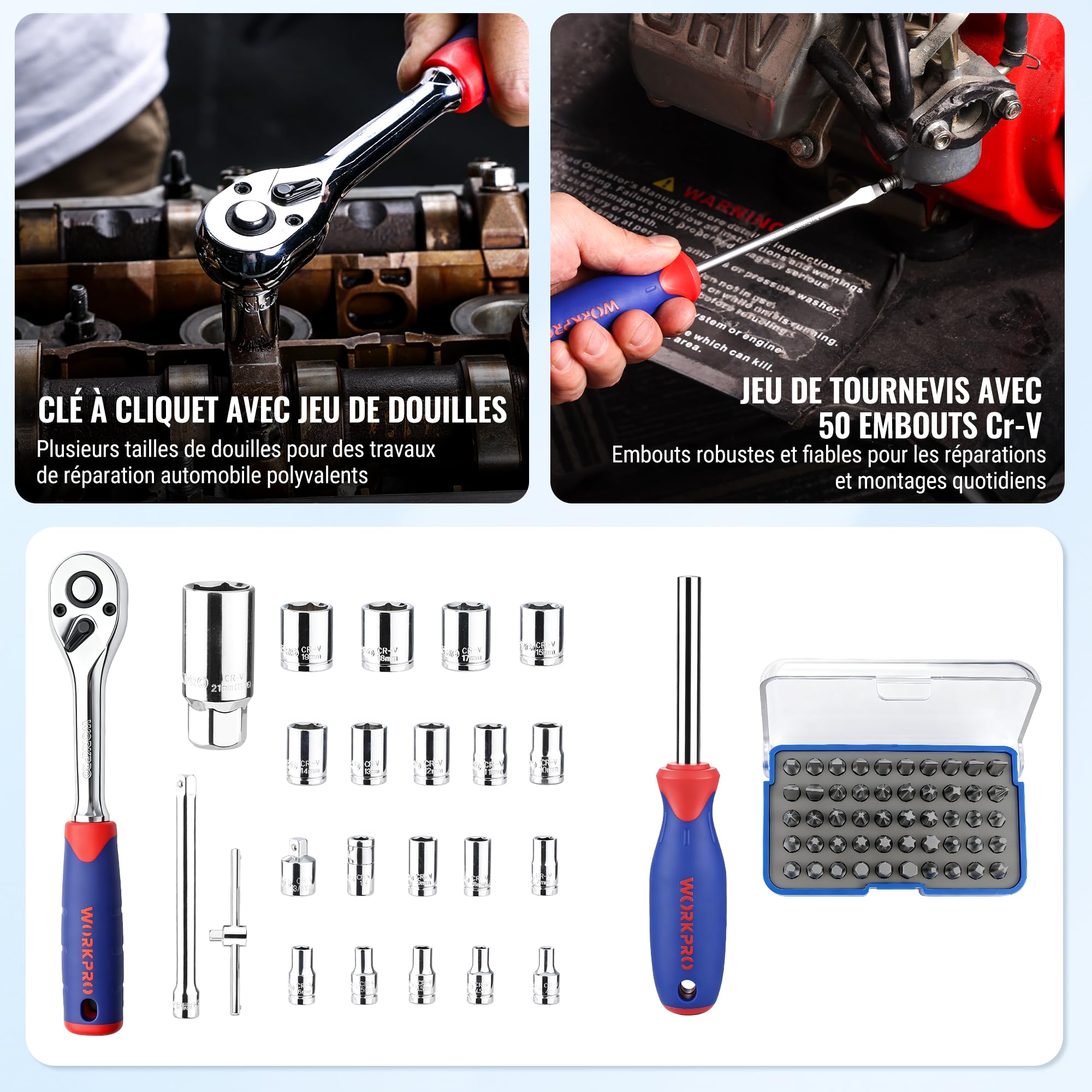 WORKPRO Caisse à Outils Complete Professionnelle | avec Mallette en Aluminium, Boite à Outils Complete pour Réparation Dommestique ou de Travail 119 Pièces