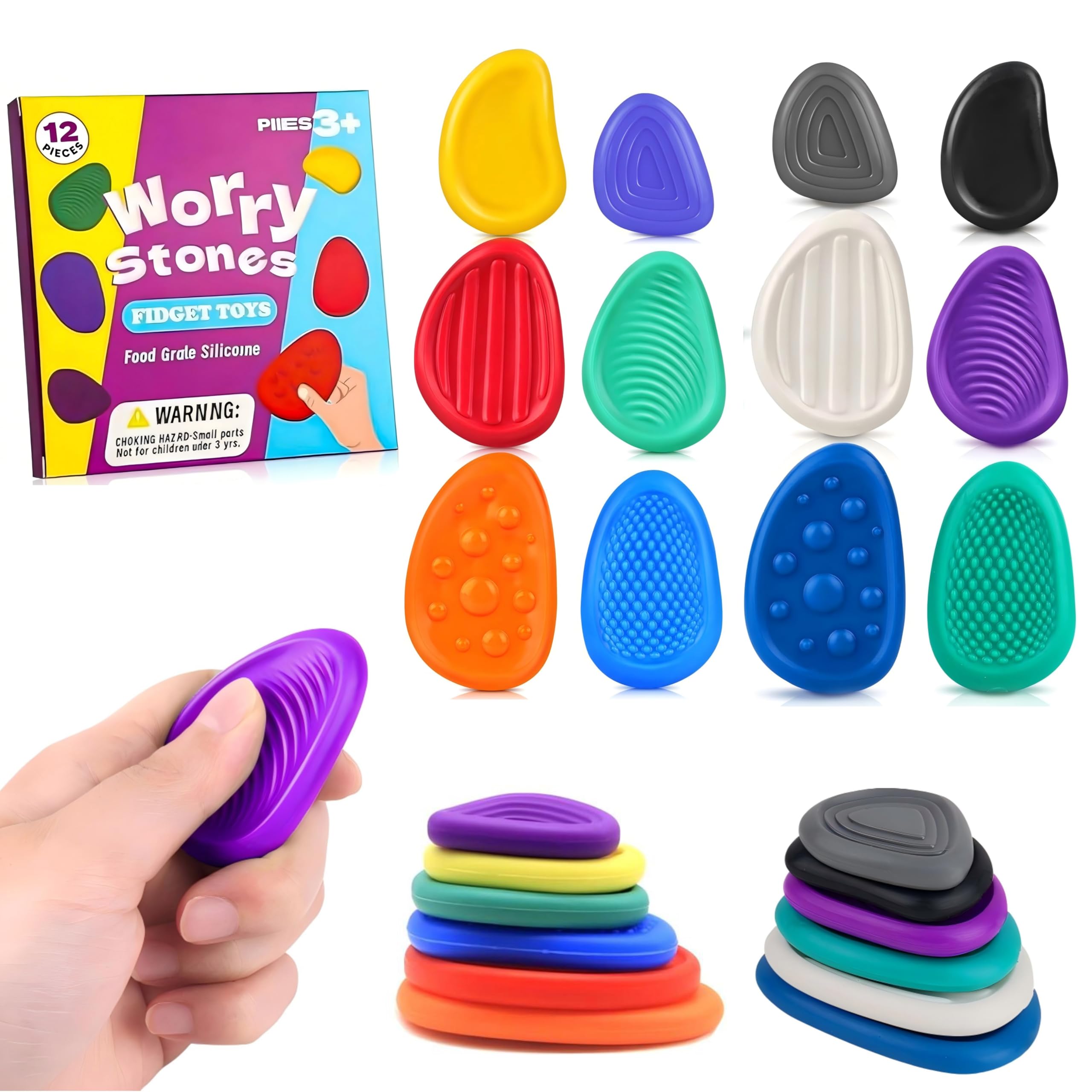 Fidget Toys Sensory Stones, zabawki antystresowe, sensoryczne, antystresowe, teksturowane, dla dzieci z autyzmem, 12 sztuk