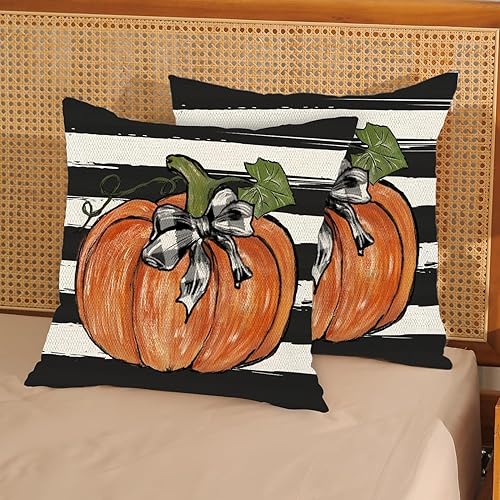 Miniatura 269 de Juego de 2 fundas de almohada de otoño de 18 x 18 pulgadas, hojas de arce de calabaza y búfalo a cuadros, decoración de otoño, de lino, Acción