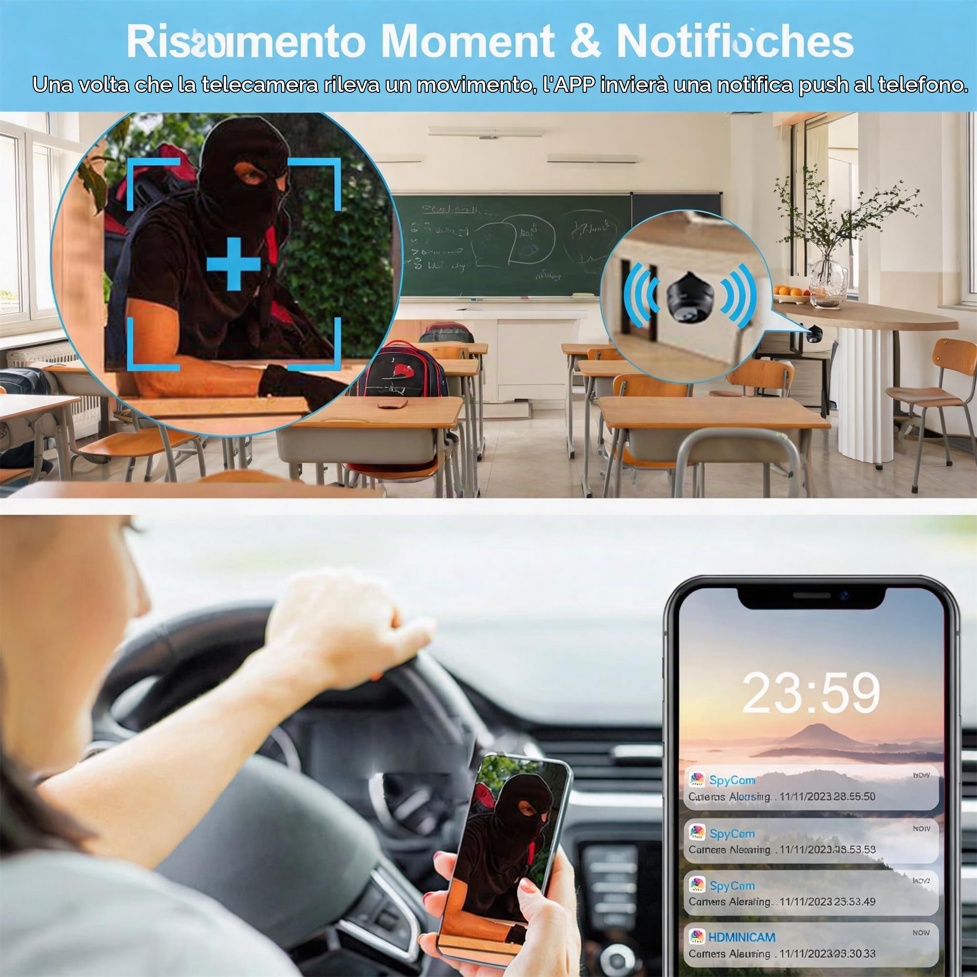 Generico Telecamera Nascosta WiFi 1080P Mini Videocamera Spia Wireless Interna Sorveglianza Domestica Micro Monitor con Rilevamento Movimento Controllo App, Registrazione in Loop