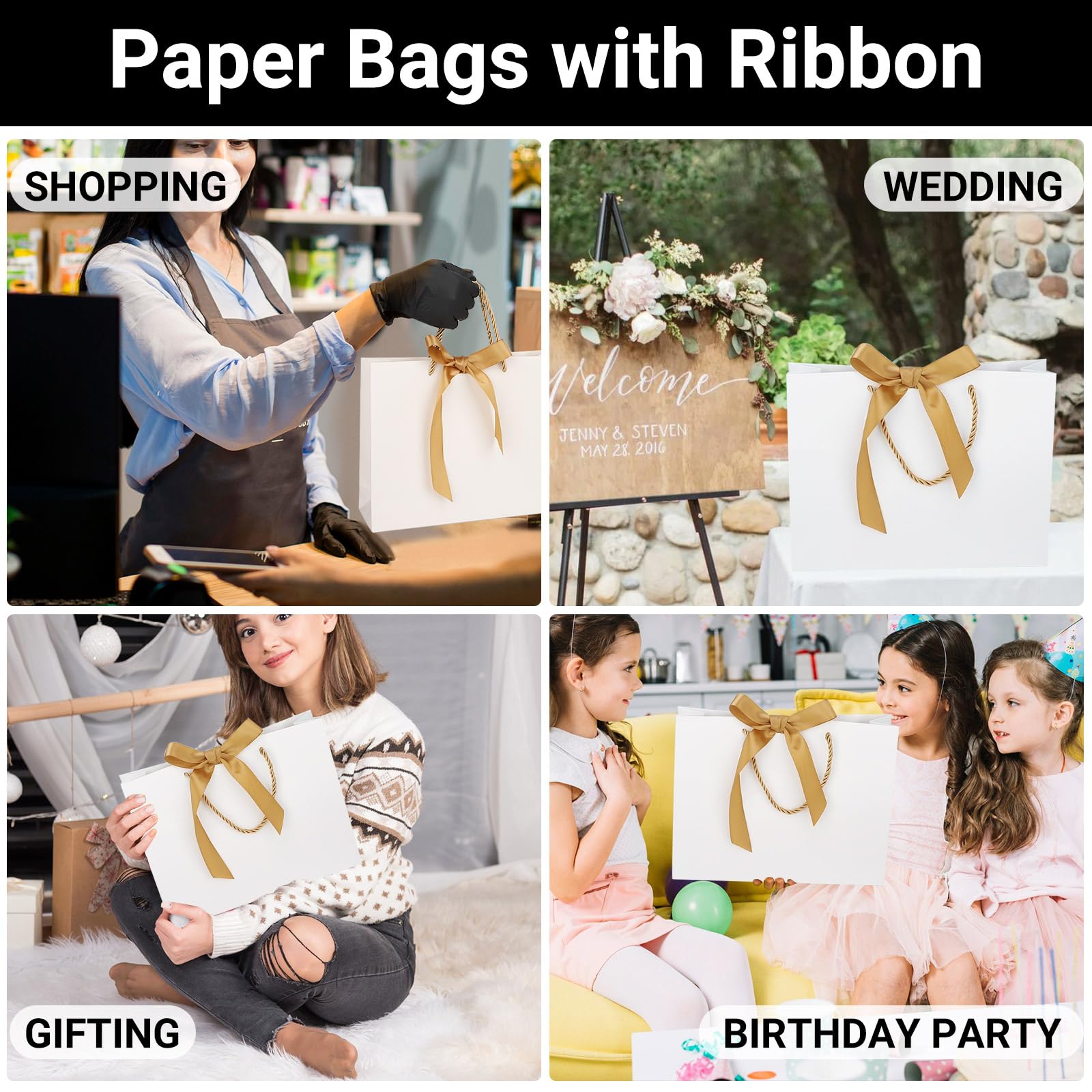 EUSOAR Papiertüten Weiß - 50 Stück 210GSM Geschenktüten mit Schleifenbändern - 27x8x21cm M Mittel Papiertüten mit Henkel - Geschenktüte mit Griff - Weiß Gift Bags Papier Tüten Geburtstag