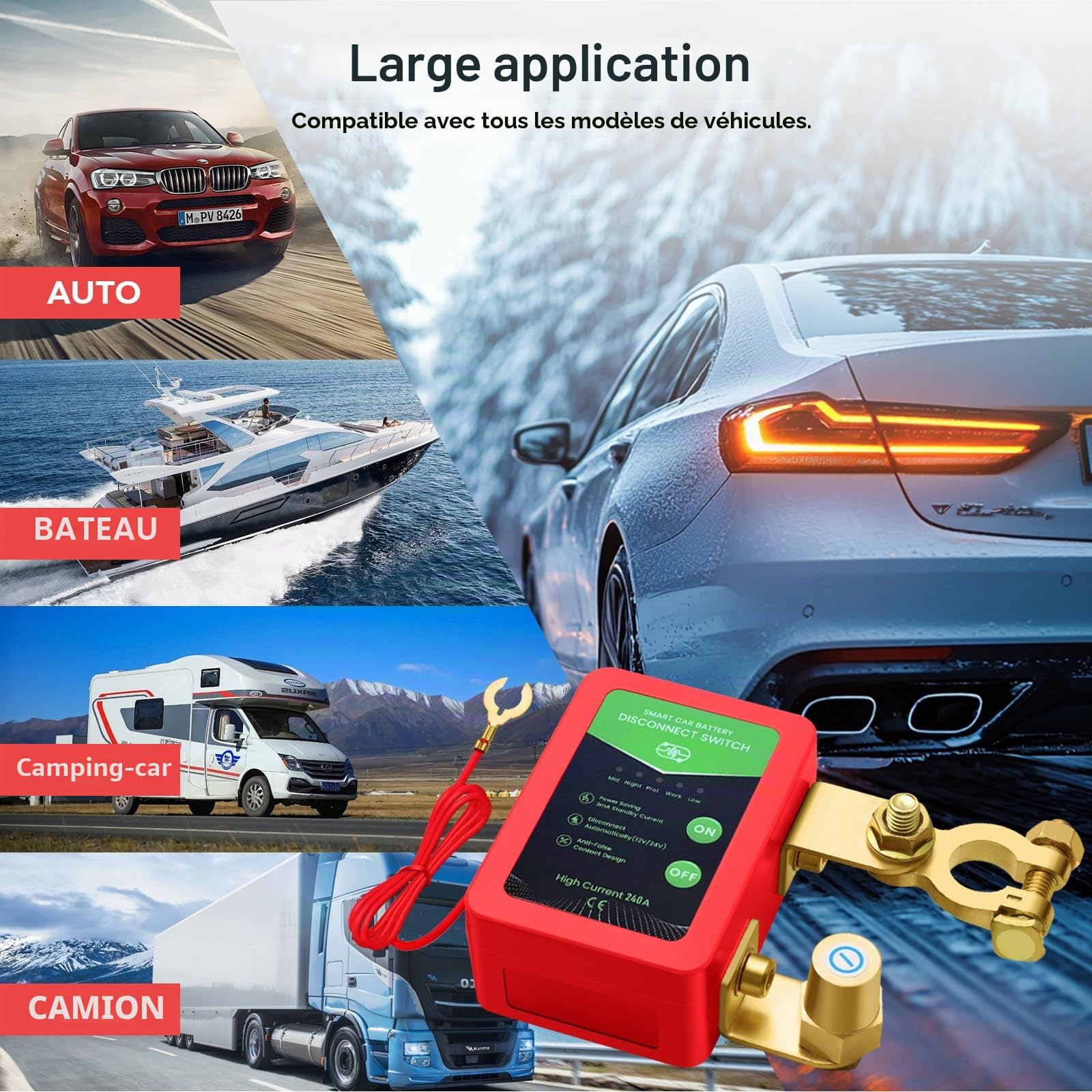 Disjoncteur de batterie télécommandé sans fil - 12 V - 240 A - Interrupteur d'arrêt automatique - Coupe circuit batterie pour voiture, camping-car, ATV, camion, bateau (Non affichage LED)