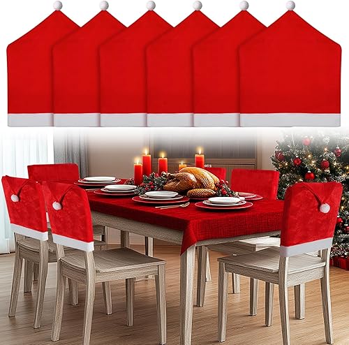 ANPHSIN Juego de 6 fundas de terciopelo para sillas de Navidad, fundas para respaldo de silla con sombrero de Papá Noel, color rojo, para decoración