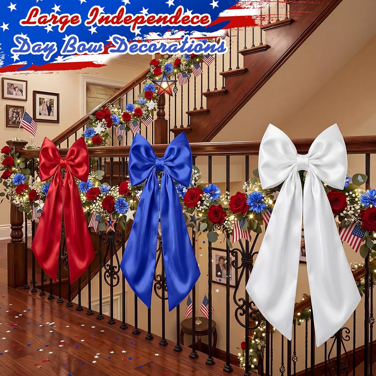 Riceshoot 3 Pcs Red White Blue Large Satin Bows 24 x 12 Inch Each 4th of July Patriotic Big Bow Decoration 250th Anniversary Tree Topper for Mantle Indoor Outdoor Memorial Day Veteran Independence Day