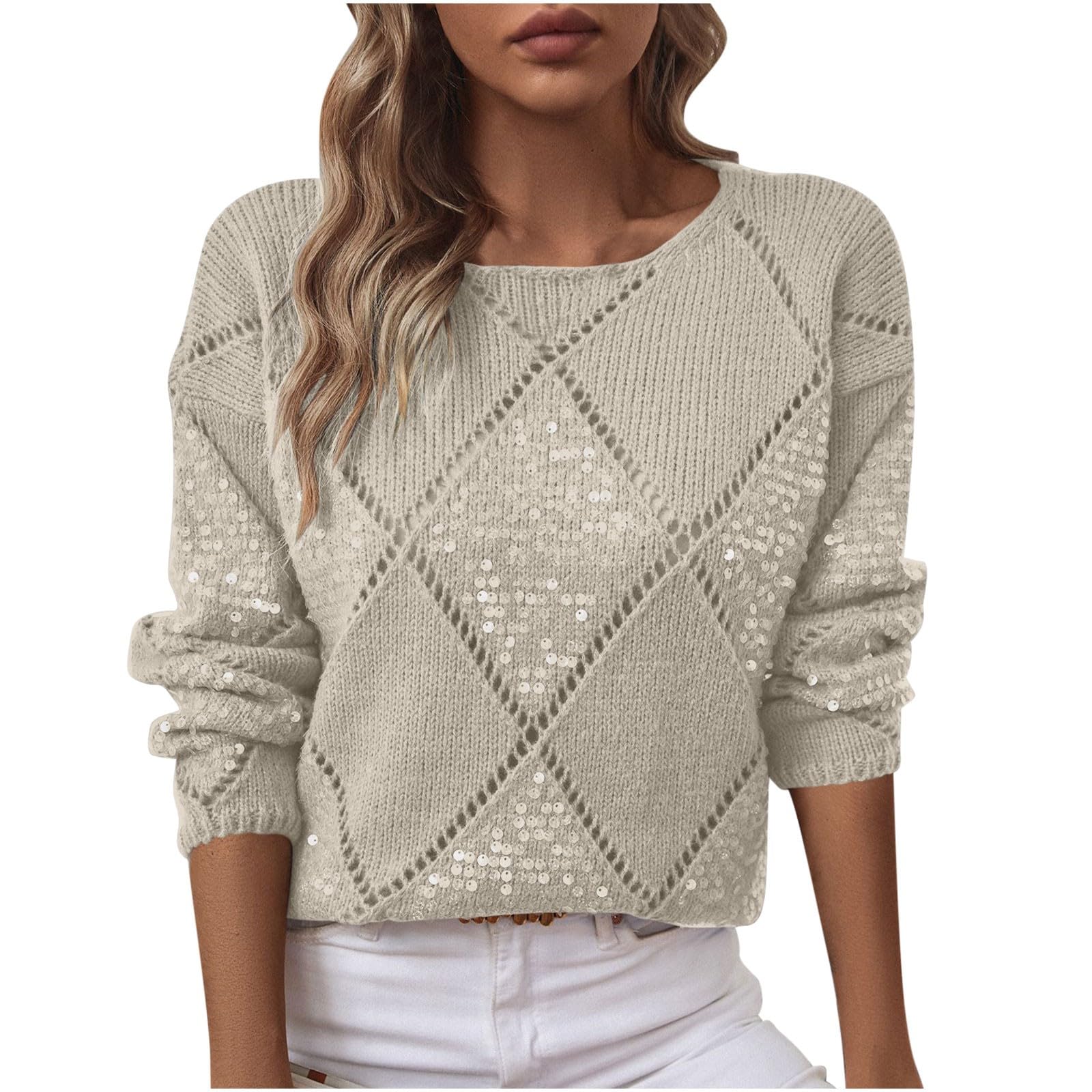 Sequin Sweaters for Women Hollow Out Fashion Casual Long Sleeve Knitted Sweater Soft Loose Crewneck Pullover Tops