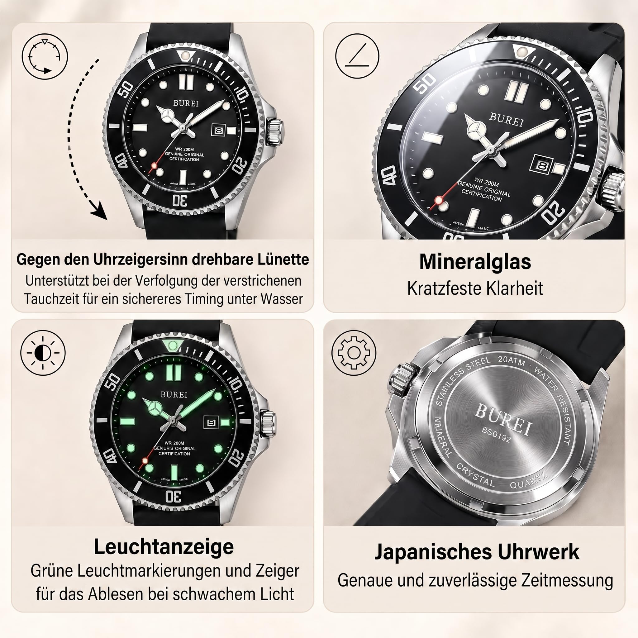 BUREI Ultradünne Herrenuhr – Minimalistisches Analog-Design, wasserdichtes Quarzwerk, Geschenk für Männer (Weiß/blau)