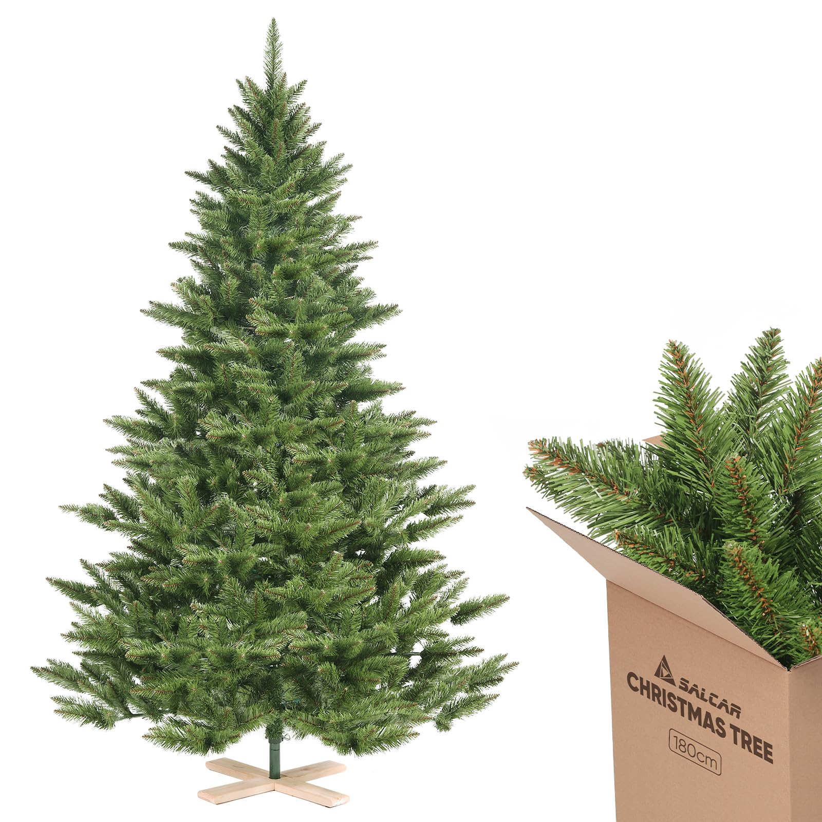 SALCAR Künstlicher Weihnachtsbaum 180 cm, Tannenbaum Künstlich mit 560 Spitzen und Klapp-Schirmsystem, Grün Tannenbaum Christbaum mit Holzständer, φ124 cm übergroßer Baumdurchmesser