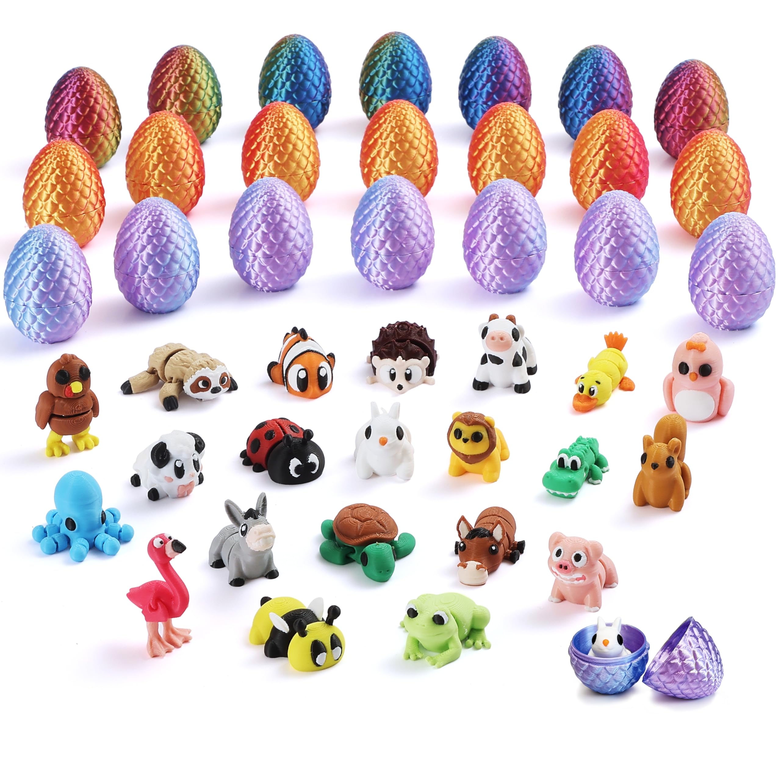 MONJITA 21-częściowy zestaw jajek wielkanocnych z nadrukiem 3D z 21 mini figurkami zwierząt, ruchome, elastyczne zabawki fidget, upominki na imprezę, wypełnienie koszyków wielkanocnych i prezenty dla