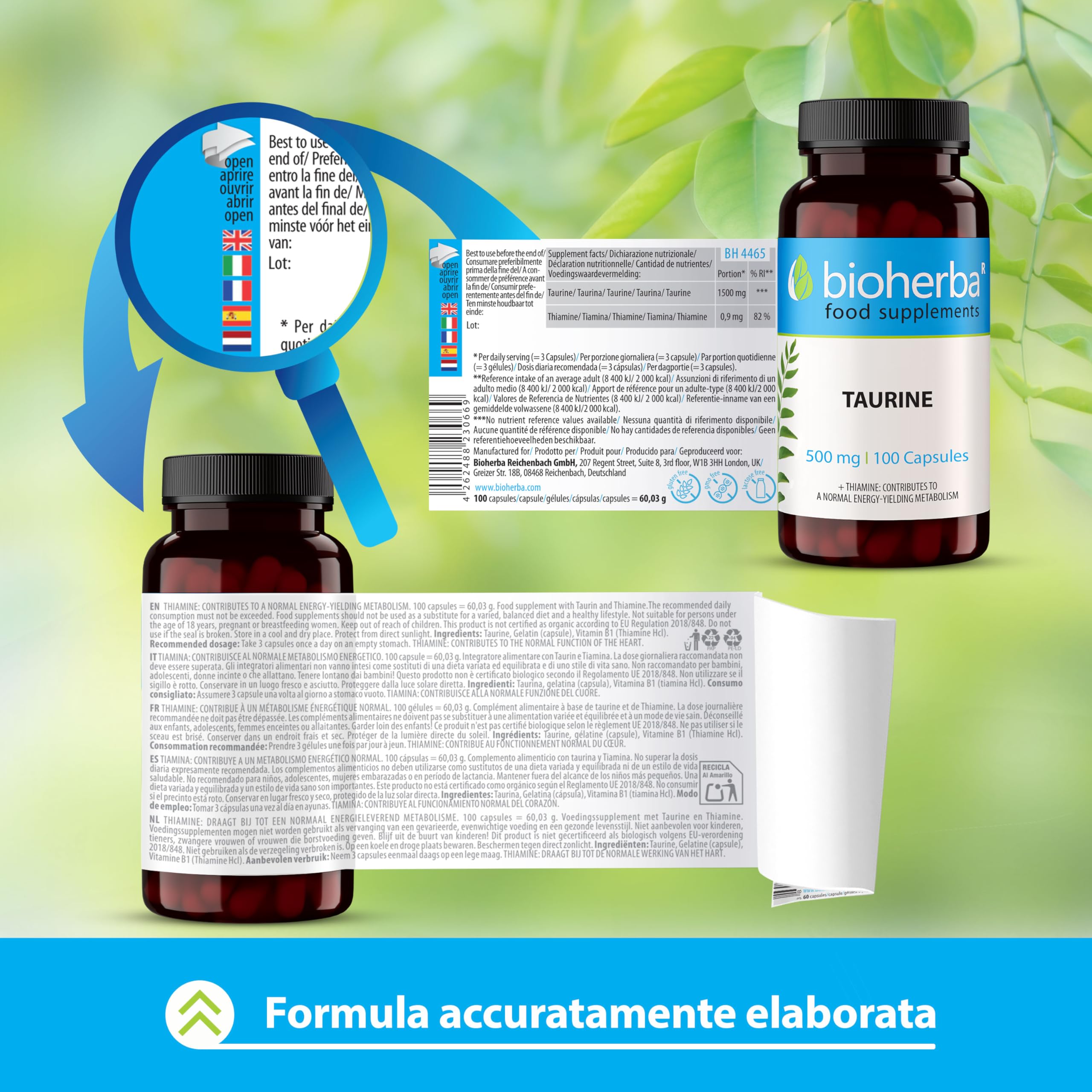 TAURINA Capsule 500 mg - 100 pezzi | Nutrimento per Pre e Post Allenamento | Senza Stearato di Magnesio o Caffeina di BIOHERBA