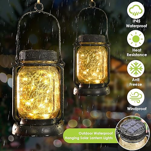 Vista 11 de Mlambert Paquete de 4 luces solares colgantes con estacas, impermeables, decorativas, 30 LED, farol solar para exteriores, patio, jardín, árbol