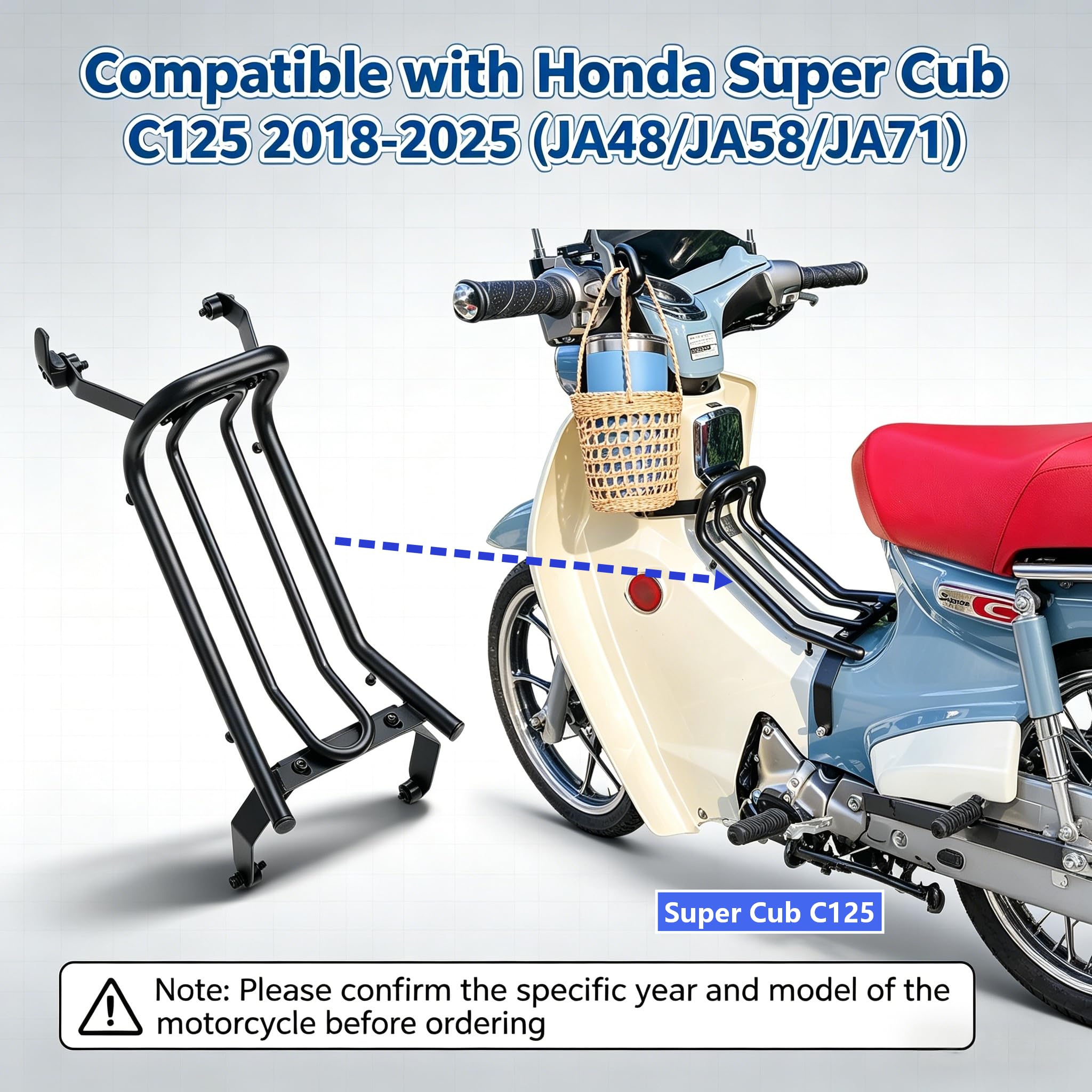 Portapacchi per moto compatibile con Honda Super Cub C125 2018-2025 (JA48/JA58/JA71) - Nero Portapacchi centrale per moto Cub C125 Accessori