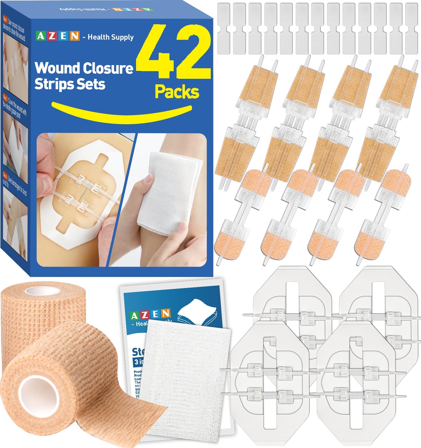 [BRSRGAAQOIFG2HQ7] AZEN 42 Pack Wound Closure Strips, Butterfly Bandages, Emergency Laceration Closure Kit, Repair Wounds Without Stitches, Quick Clot Zip Stitch Wound Closures Device
