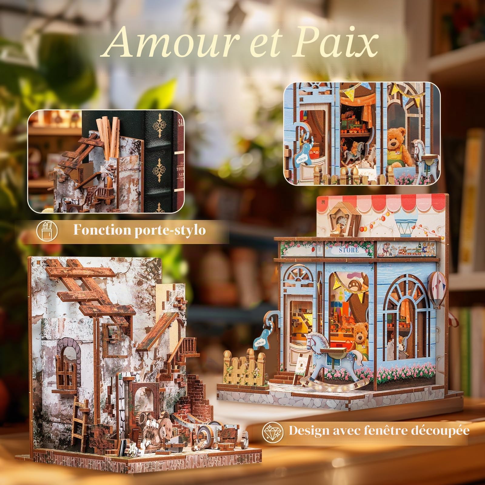 CUTEBEE Kit Book Nook - Lot de 2 serre-livres miniatures de Noël - Décoration de bibliothèque - Diorama - Kit de construction pour adultes (Love and Peace)