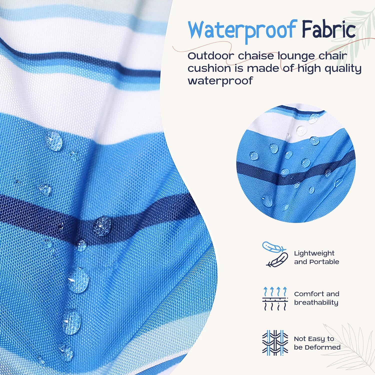 Outdoor Chaise Lounge Chair Cushion 74.4 x 22.8 x 4.7 Inches Cotton Patio Pool Waterproof Lounge Chair Cushion for Outdoor Furniture with Ties Pocket, Striped Blue Sage