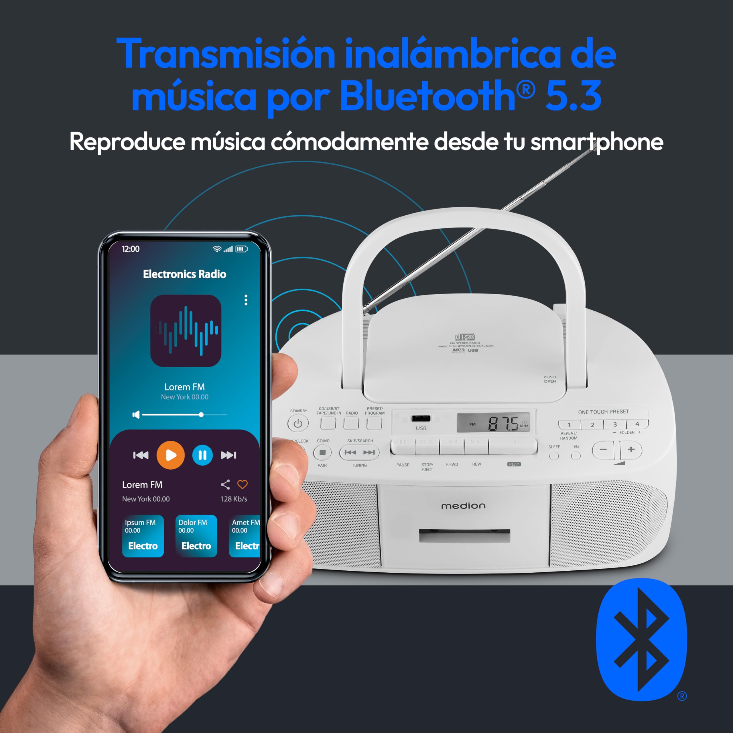 MEDION E65010 Radio estéreo (Reproductor de CD, Casete, conexión USB, Entrada de Audio AUX, reproducción de MP3, Radio FM PLL, Memoria de 40 emisoras, Funcionamiento con Pilas