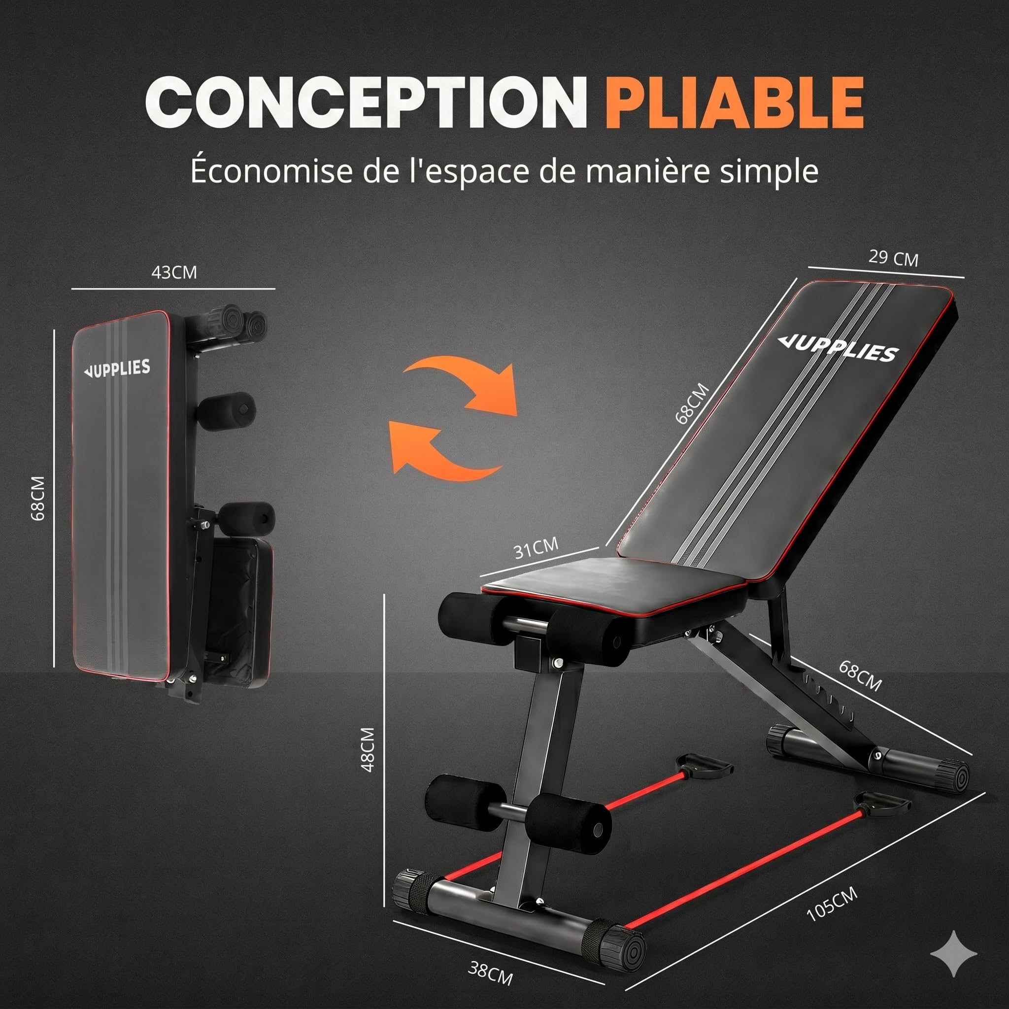 Banc De Musculation Pliable JUPPLIES – 7 Positions, 250kg, 2 Bandes élastiques Incluses – Gain De Place, Usage Maison