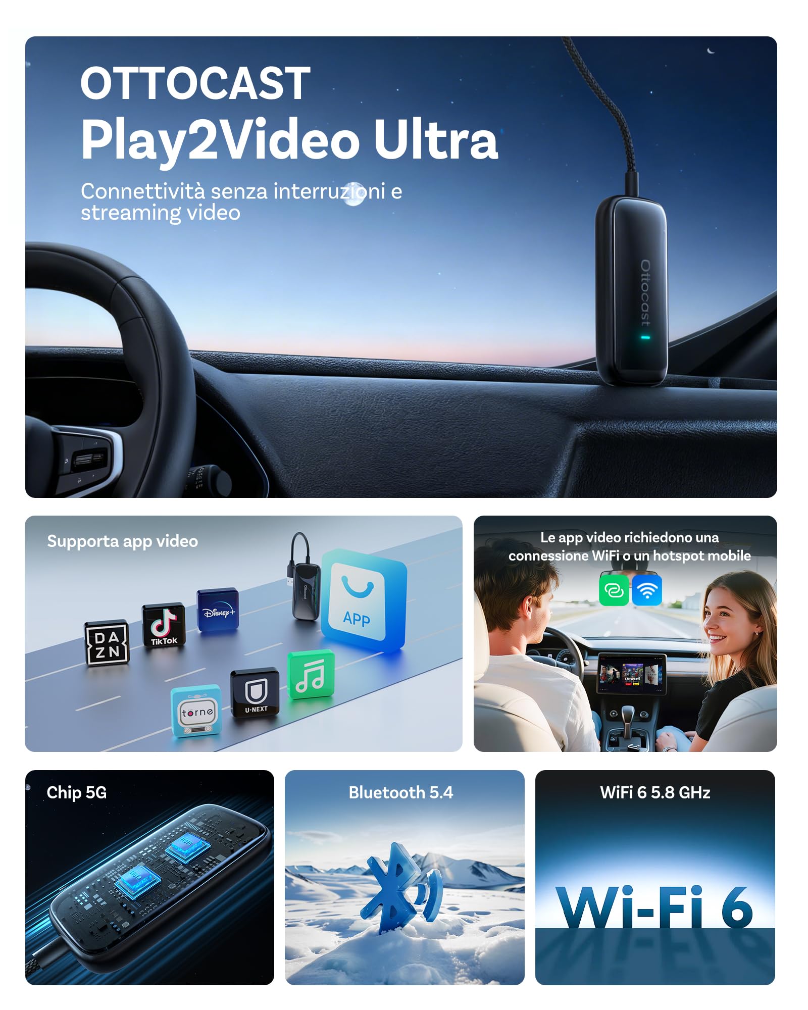 2026 Nuovo OTTOCAST Play2video Ultra, Adattatore CarPlay & Android Auto Wireless con YouTube Netflix, Plug & Play Chip 5G, WiFi6, 4GB+32GB Carplay AI Box per auto con CarPlay cablato dopo il 2016