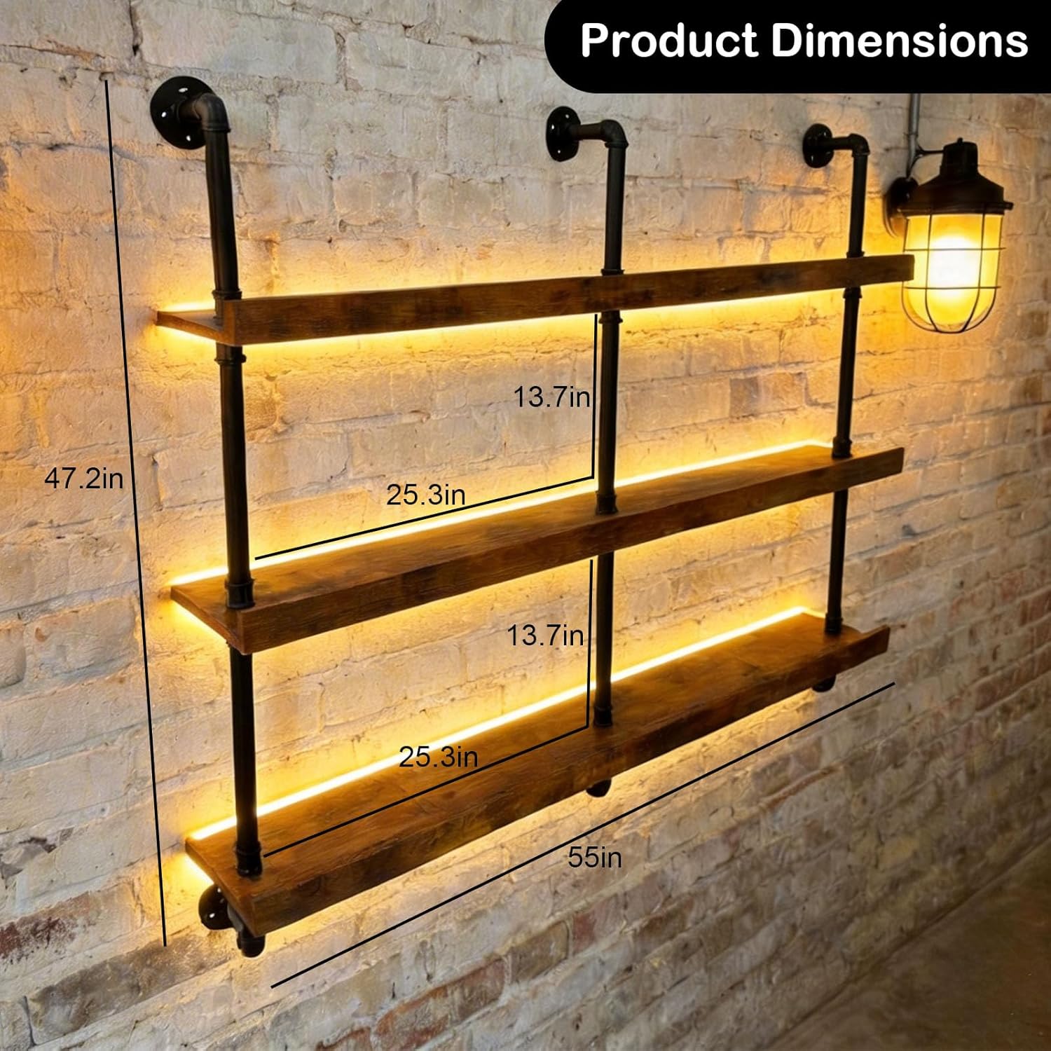 55" Wine Rack Wall Mounted with LED Lights, Industrial Pipe 3-Tier Floating Wine Shelf, Metal & Wood Wine Bottle and Glass Holder for Home Bar, Kitchen, Restaurant Liquor Bottle Display Shelf
