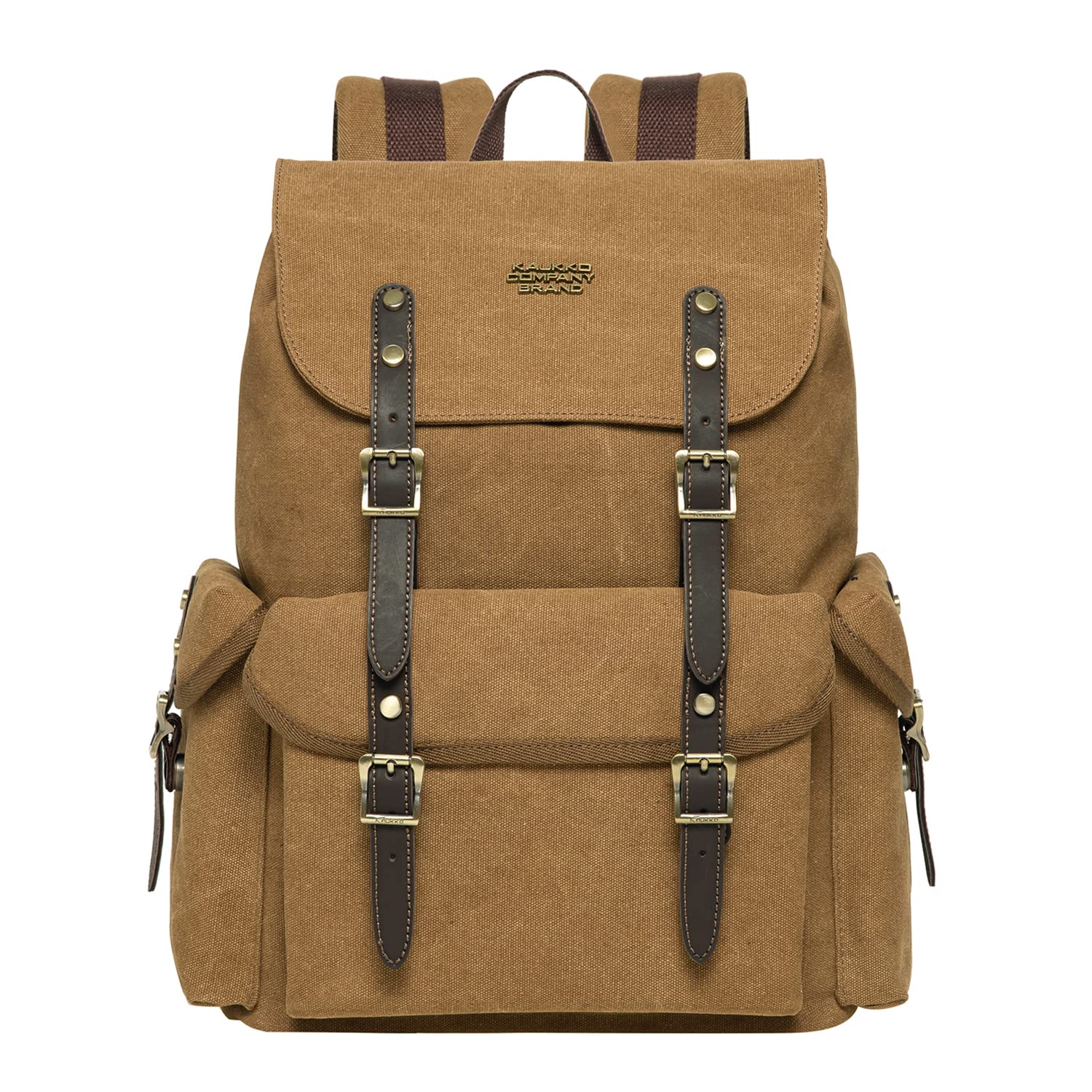 KAUKKO Vintage Casual polyster and Leather Rucksack Backpack(03-CANVAS KHAKI)