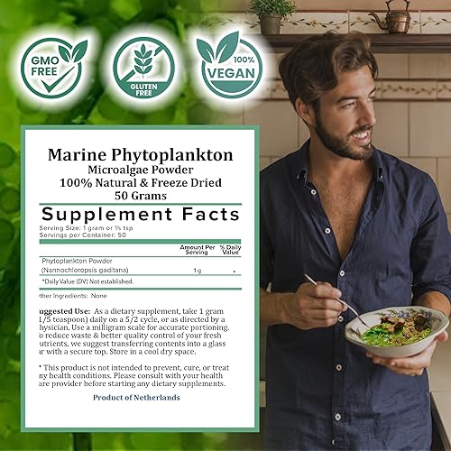 Miniatura 3 de Polvo de fitoplancton marino cultivado naturalmente en agua de mar nórdica  Suplemento vegano Omega 3  Rico en aminoácidos, clorofila, vitaminas y