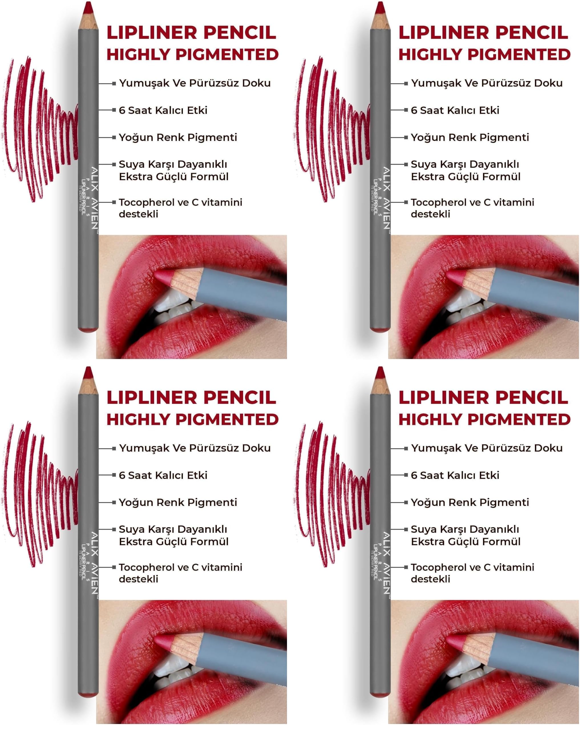 ALIX AVIEN Uzun Süre Kalıcı Dağılma Yapmayan Nemlendirici Dudak Kalemi - Lipliner Pencil 15 Berry Red (4 paketi)