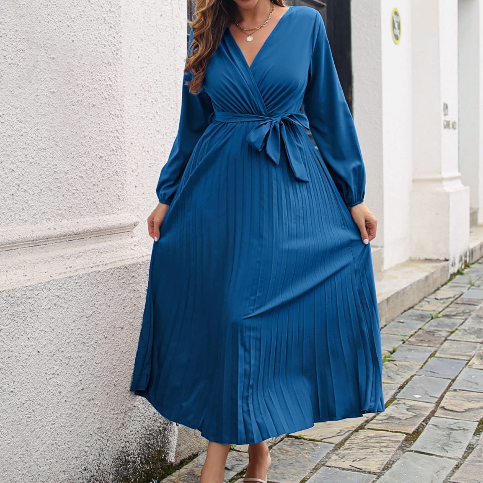 Abito da donna autunnale estivo con scollo a V, maniche pieghettate, abito midi a strati con cintura in vita, linea A, abito lungo da spiaggia con glitter