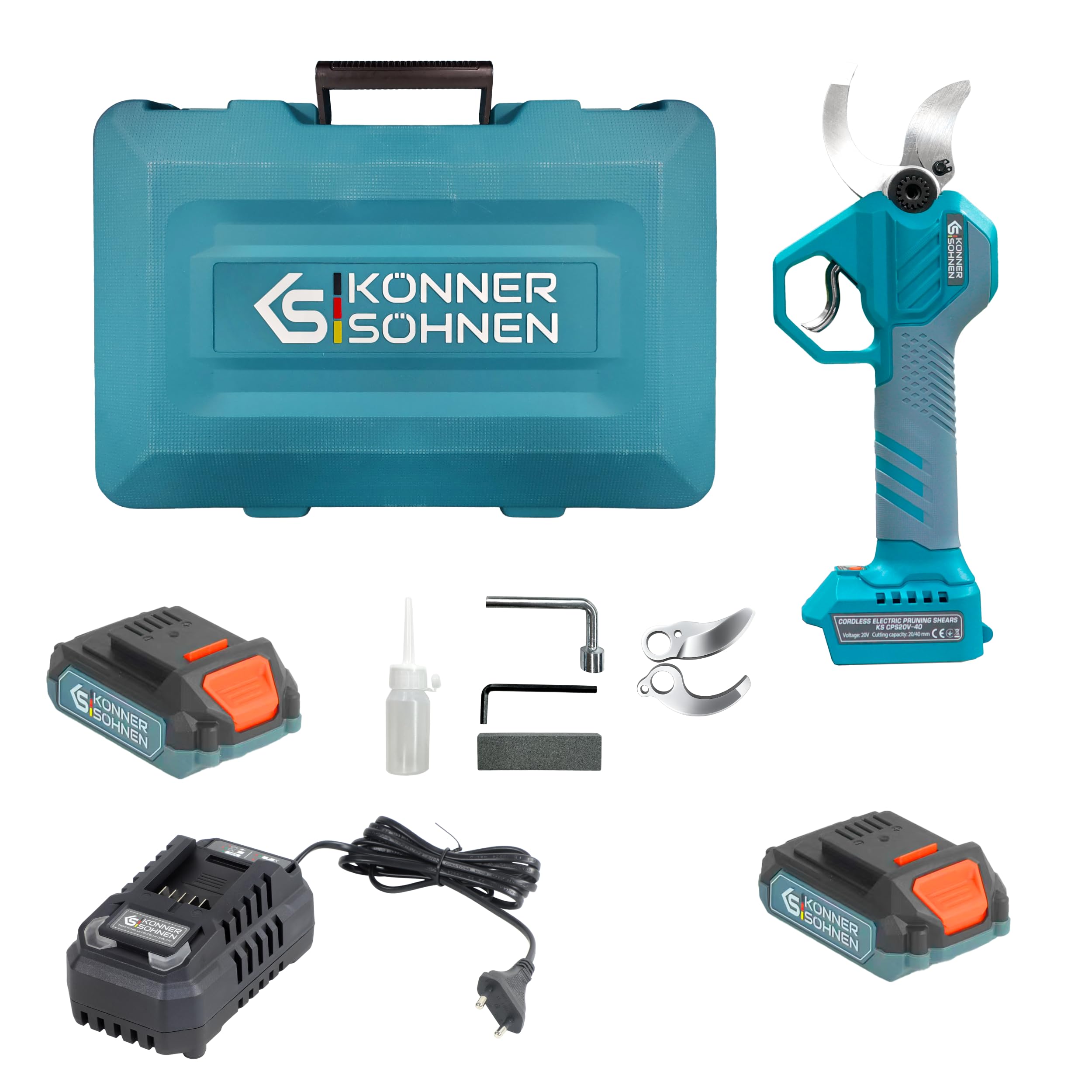 K&S Könner&Söhnen KS CPS20V-40 Case akumulatorowe nożyce do gałęzi, szerokość otworu 40 mm, miękki uchwyt, akumulatorowe nożyce ogrodowe z akumulatorem i ładowarką, nożyce ogrodowe z czujnikiem