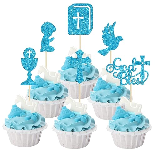 Gyufise 24 piezas de decoración para magdalenas con purpurina de paloma con purpurina para la cruz de la Biblia para magdalenas, primera comunión,