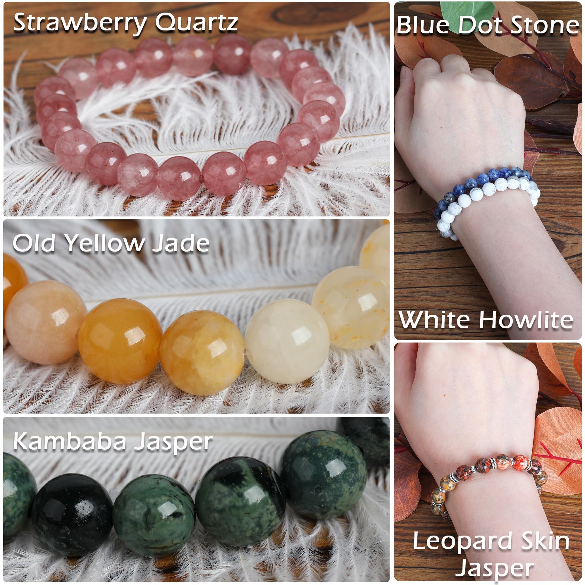 SOSMAR 200 Cuentas Redondas de Piedras Naturales 8mm para Joyería - 10 Tipos (Cuarzo Fresa, Ágata de Encaje Loco, Howlita Blanca) - Pulseras, Collares, DIY Manualidades (estilo D)