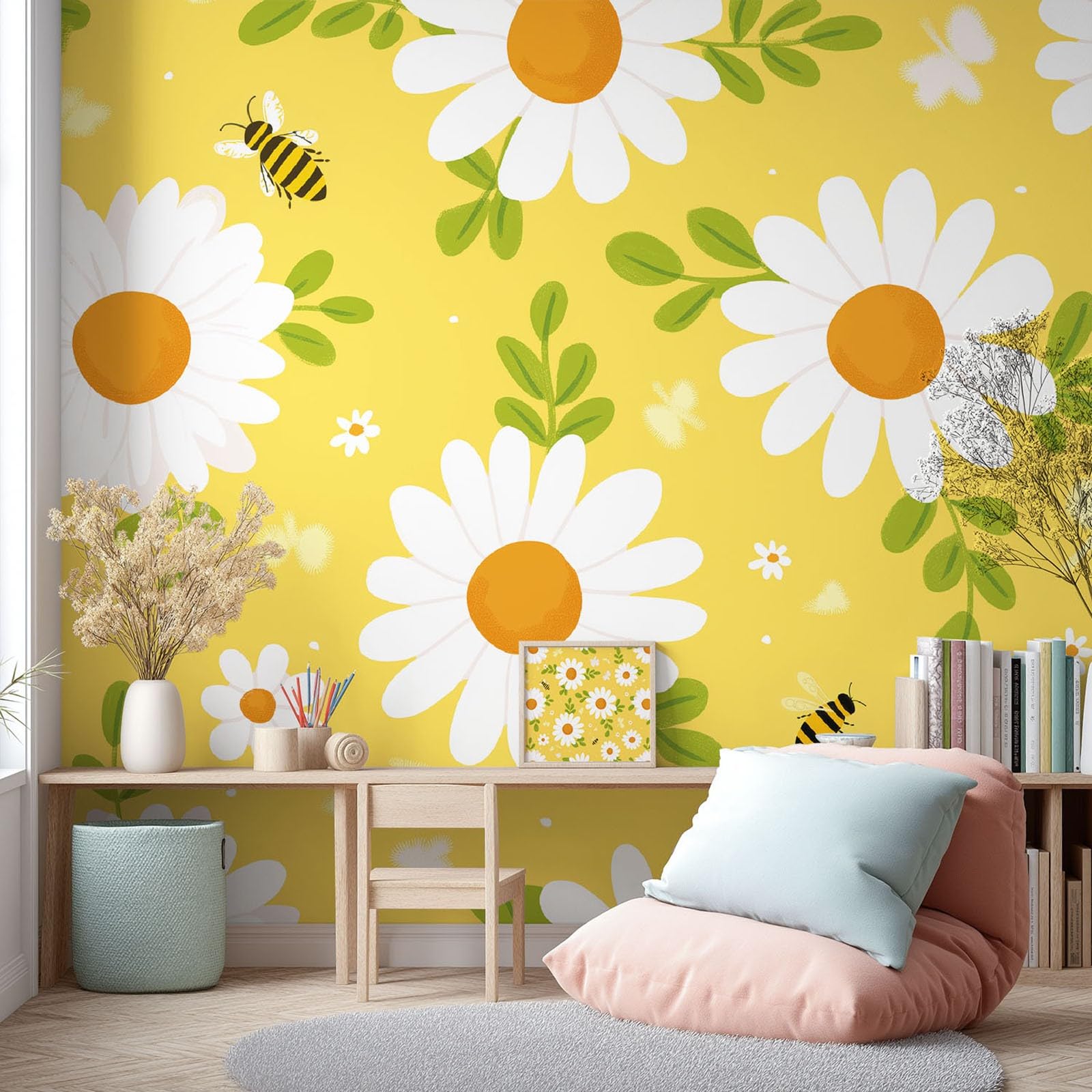 Tapeta na flizelinie, tapeta ścienna, stokrotki, zielone liście, ciepła żółta, fototapeta z motywem 200 x 140 cm, obraz ścienny, dekoracja do pokoju dziecięcego, jadalni, na ścianę, dziecięca, wesoła