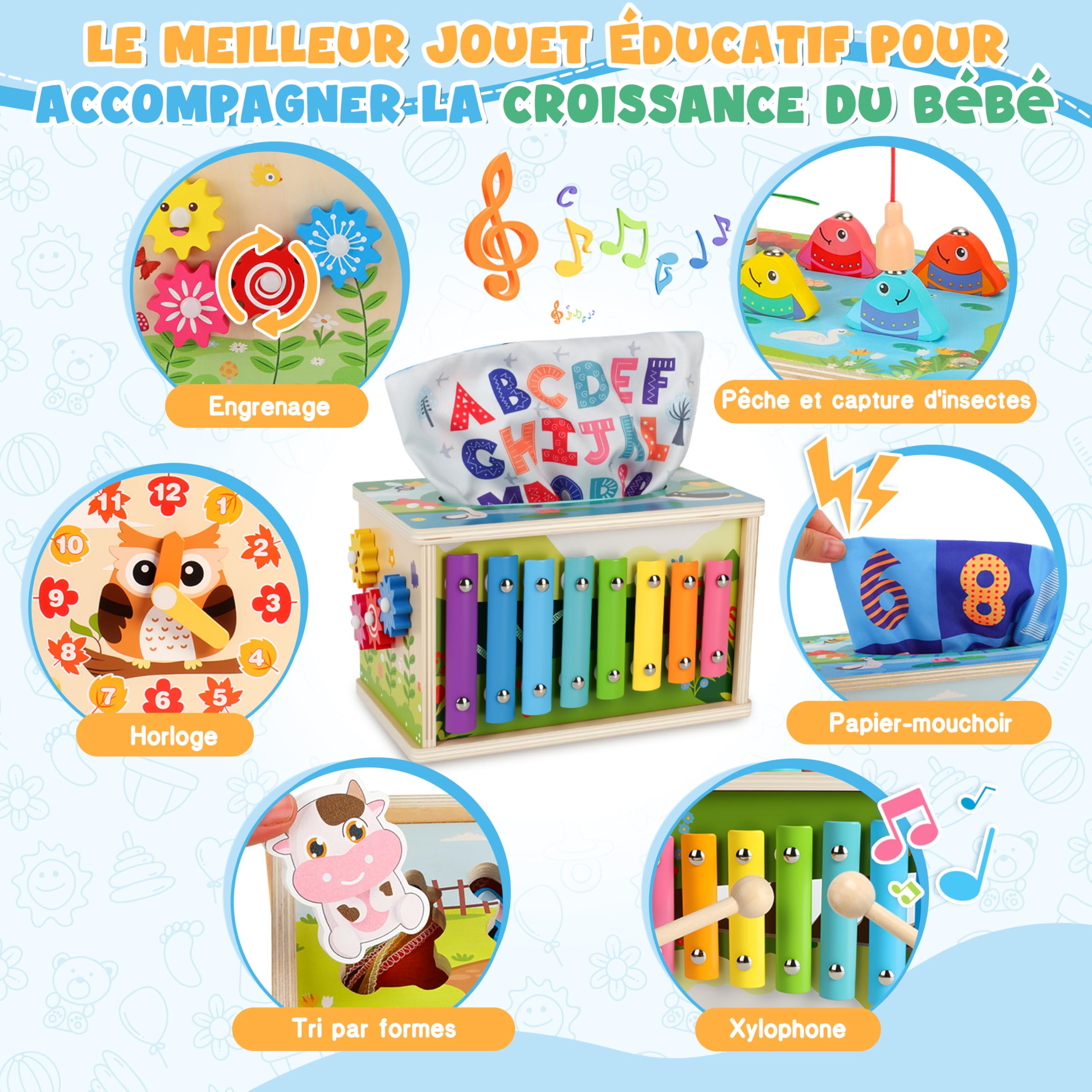 Charmofun Jouet Bébé Montessori 1 an, Jouet Boîte à Mouchoirs Bébé, Xylophone, Jeu Pêche, Tri de Formes, STEM Educatif Cadeau pour Enfants Filles et Garçons