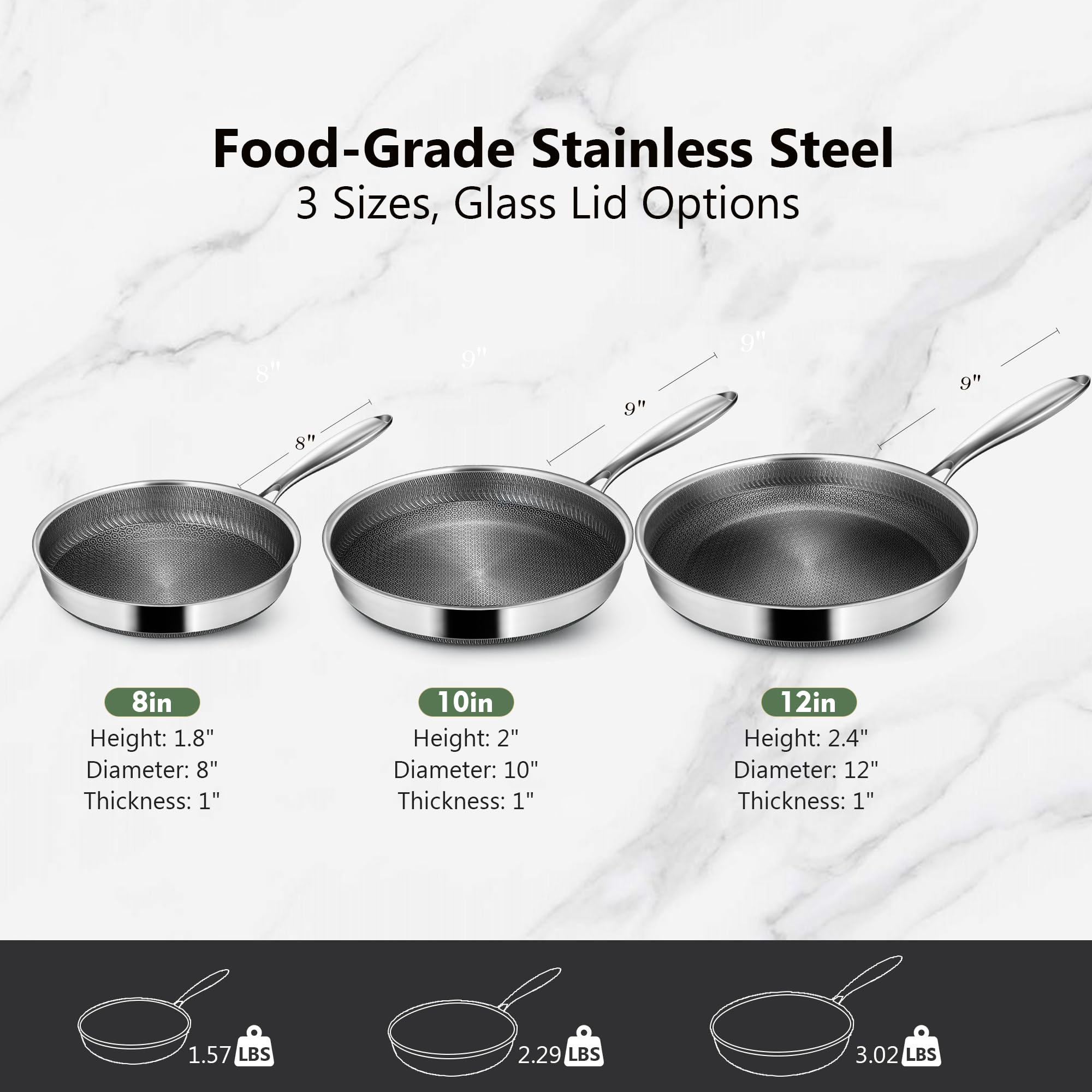 Vocvee 10-Inch Frying Pan - Stainless Steel with Lid -6